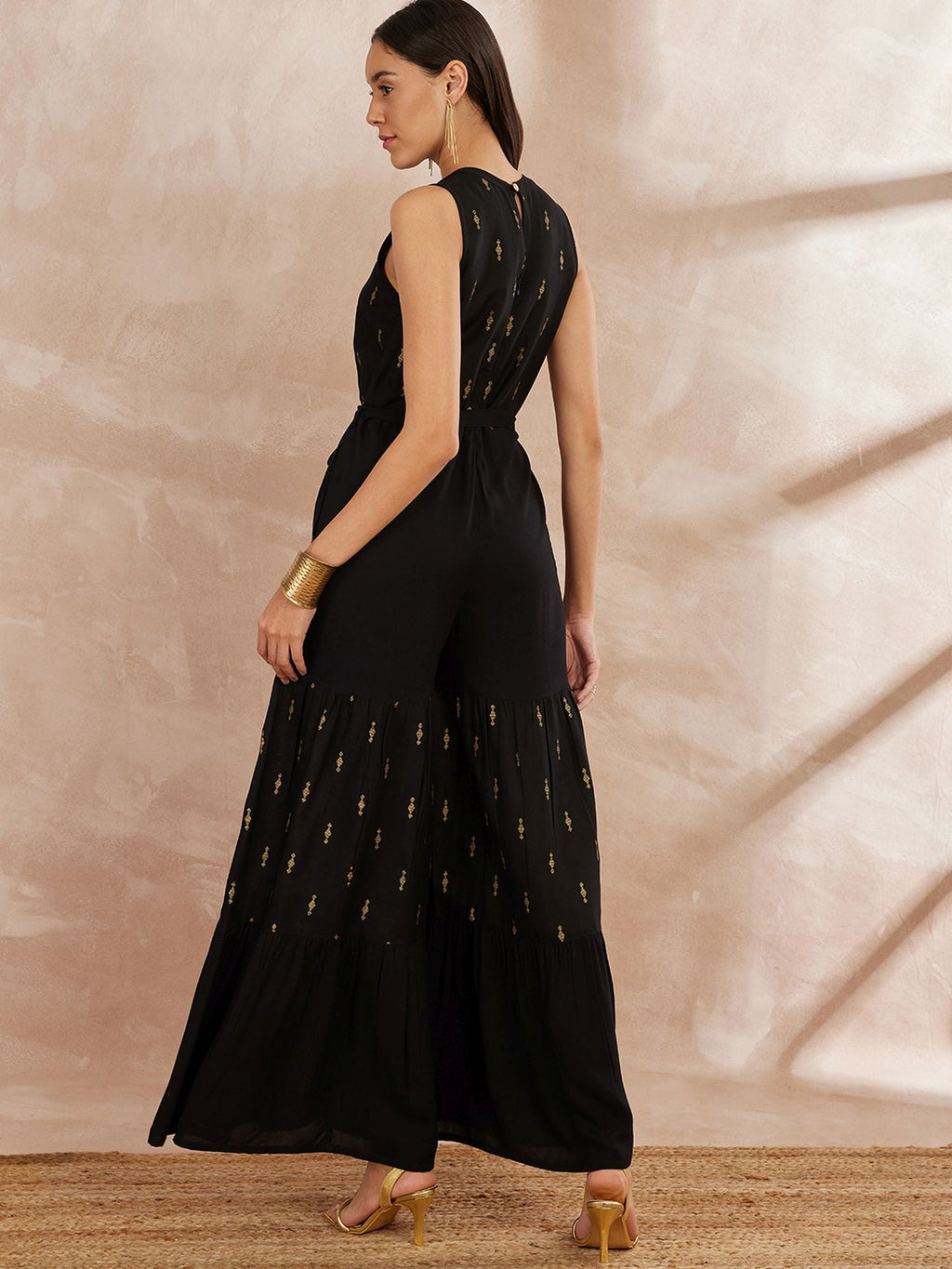 Black And Gold-Toned Printed Basic Jumpsuit