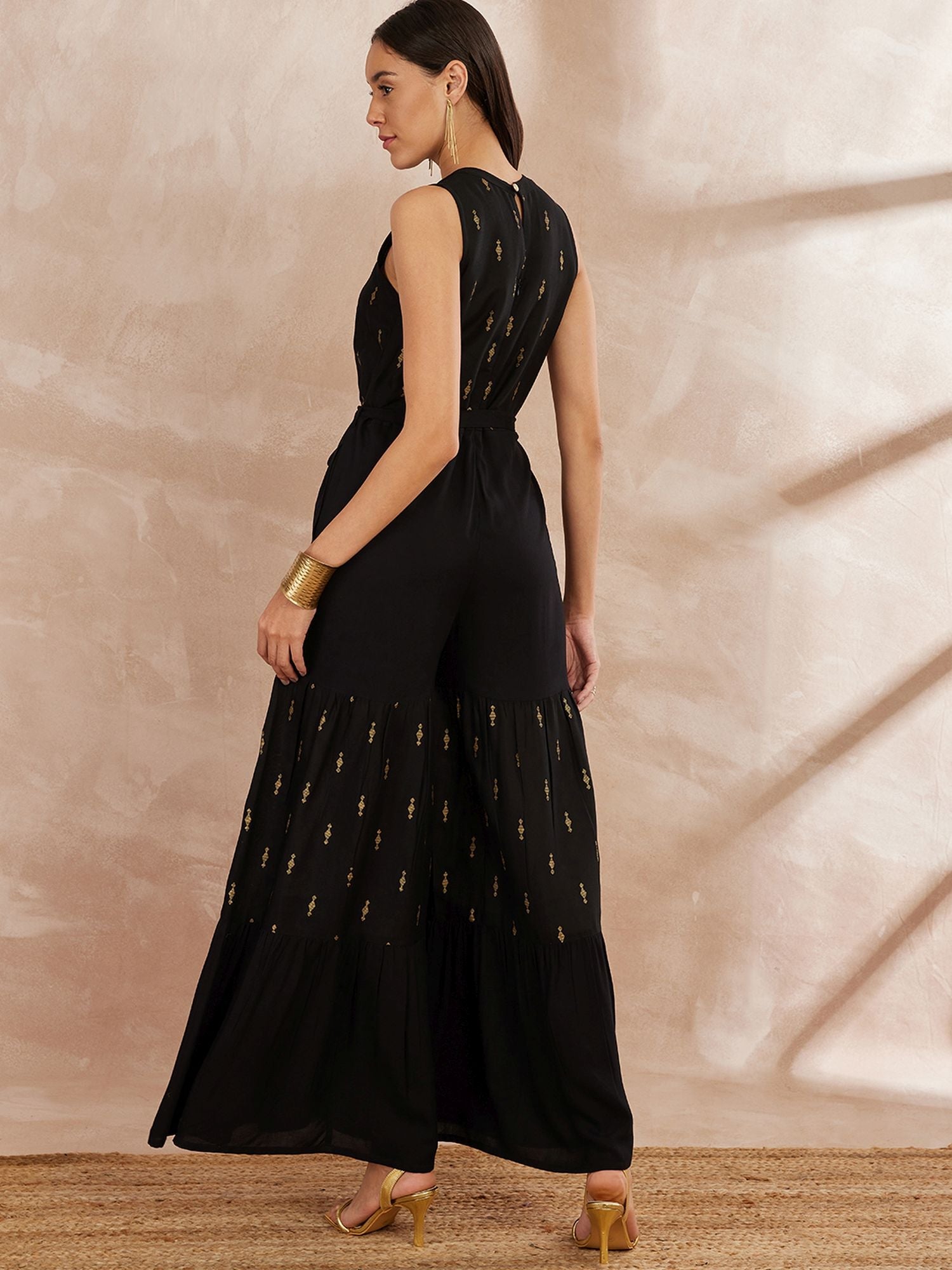 Black And Gold-Toned Printed Basic Jumpsuit