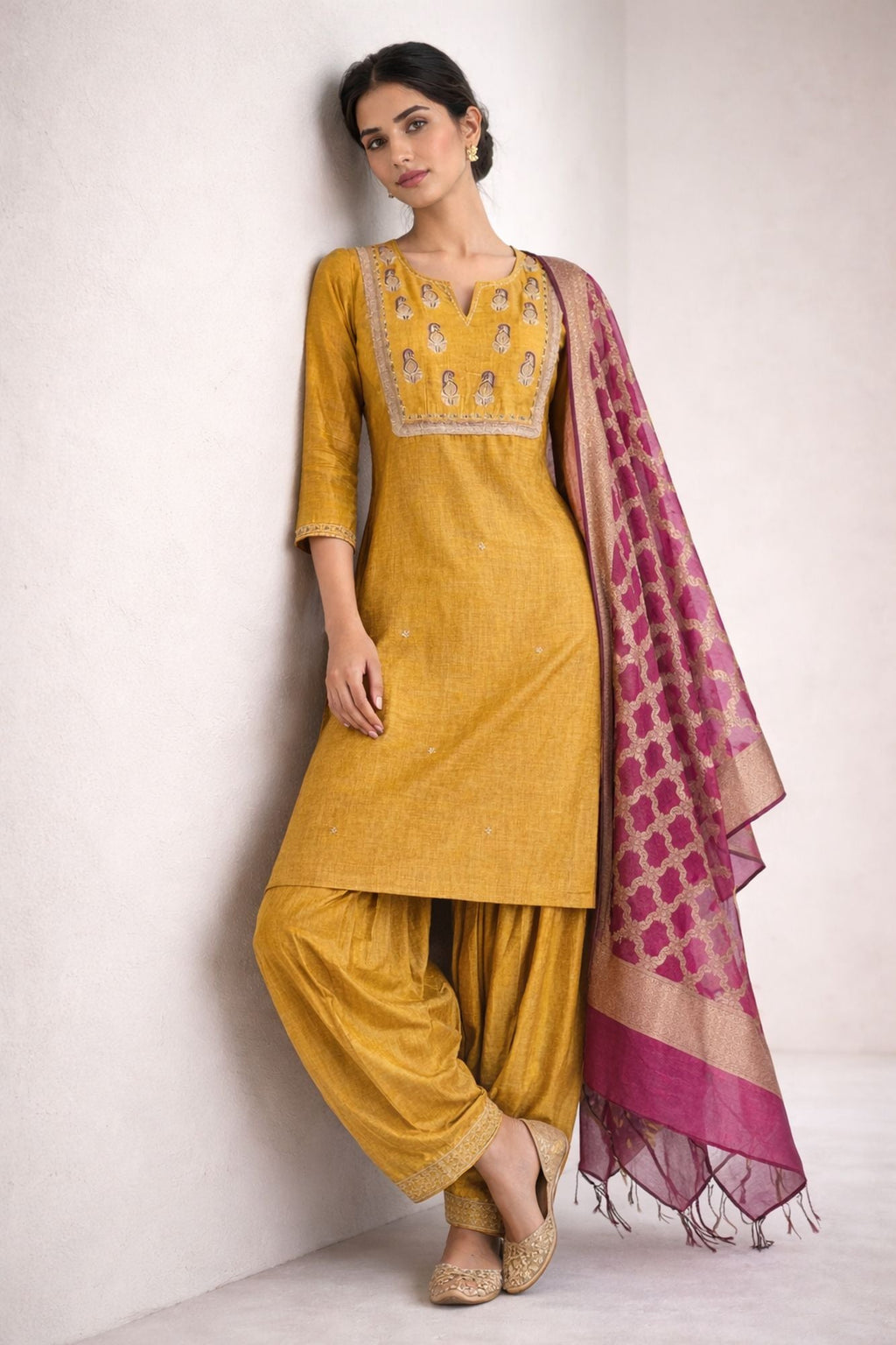 Zari And Thread Work Mustard Yellow Color Kurta Set