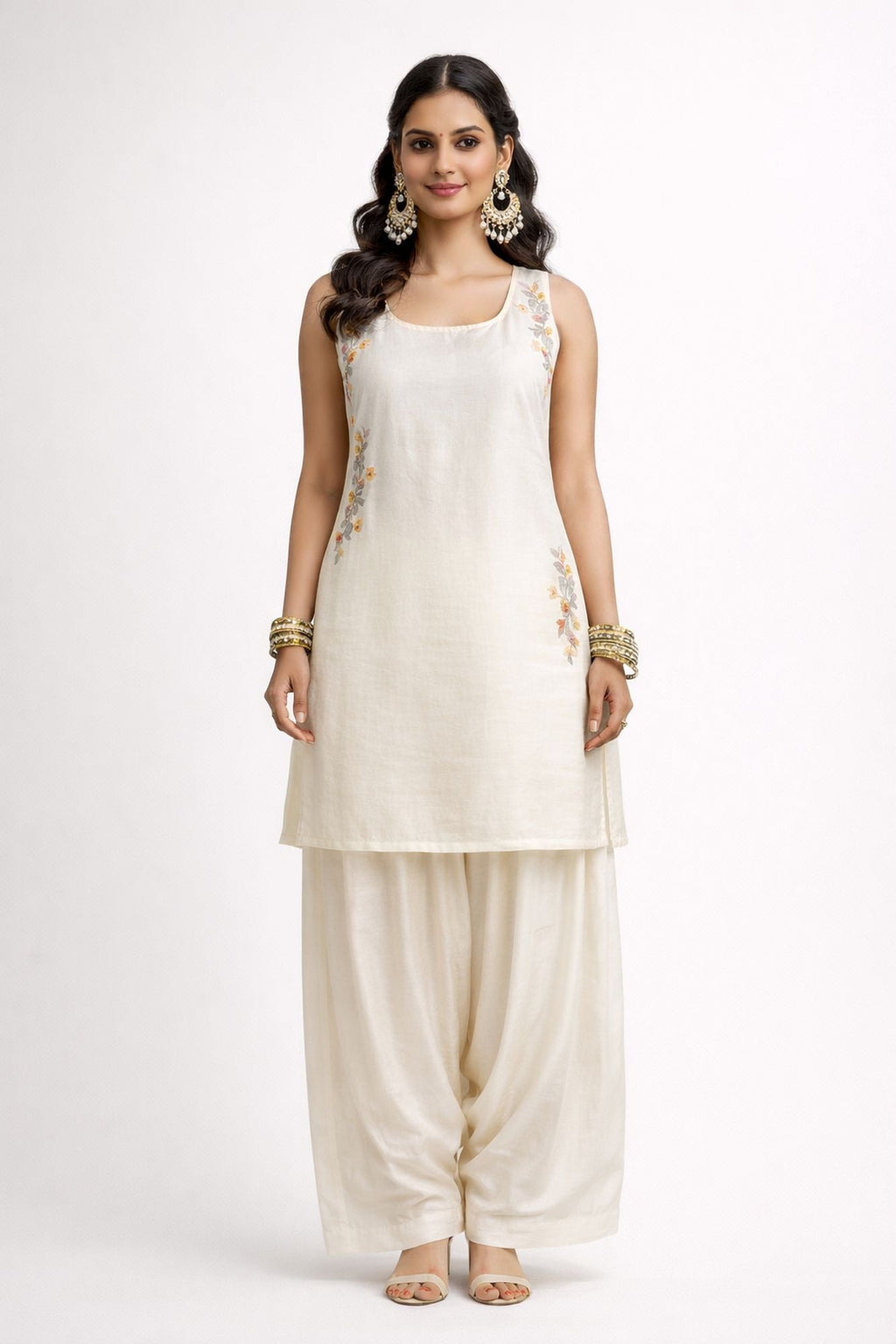 Thread & Sequin Work With Cutdana White Color Kurta Set