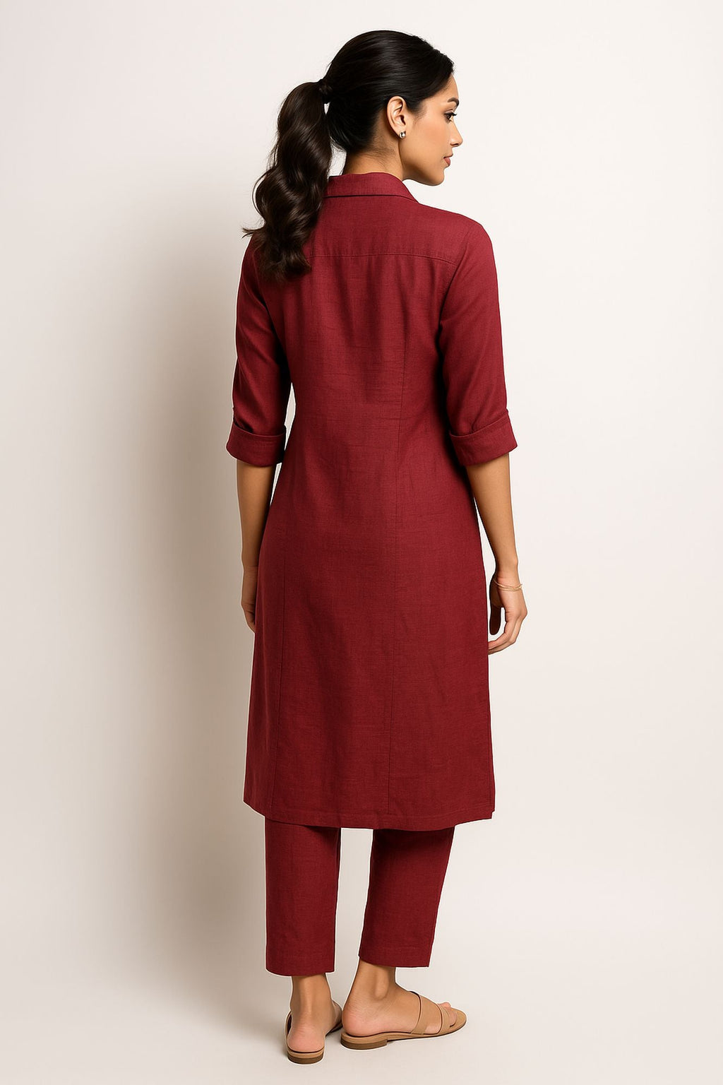 Mirror With Thread Embroidery & Zari Work Maroon Color Kurta Set