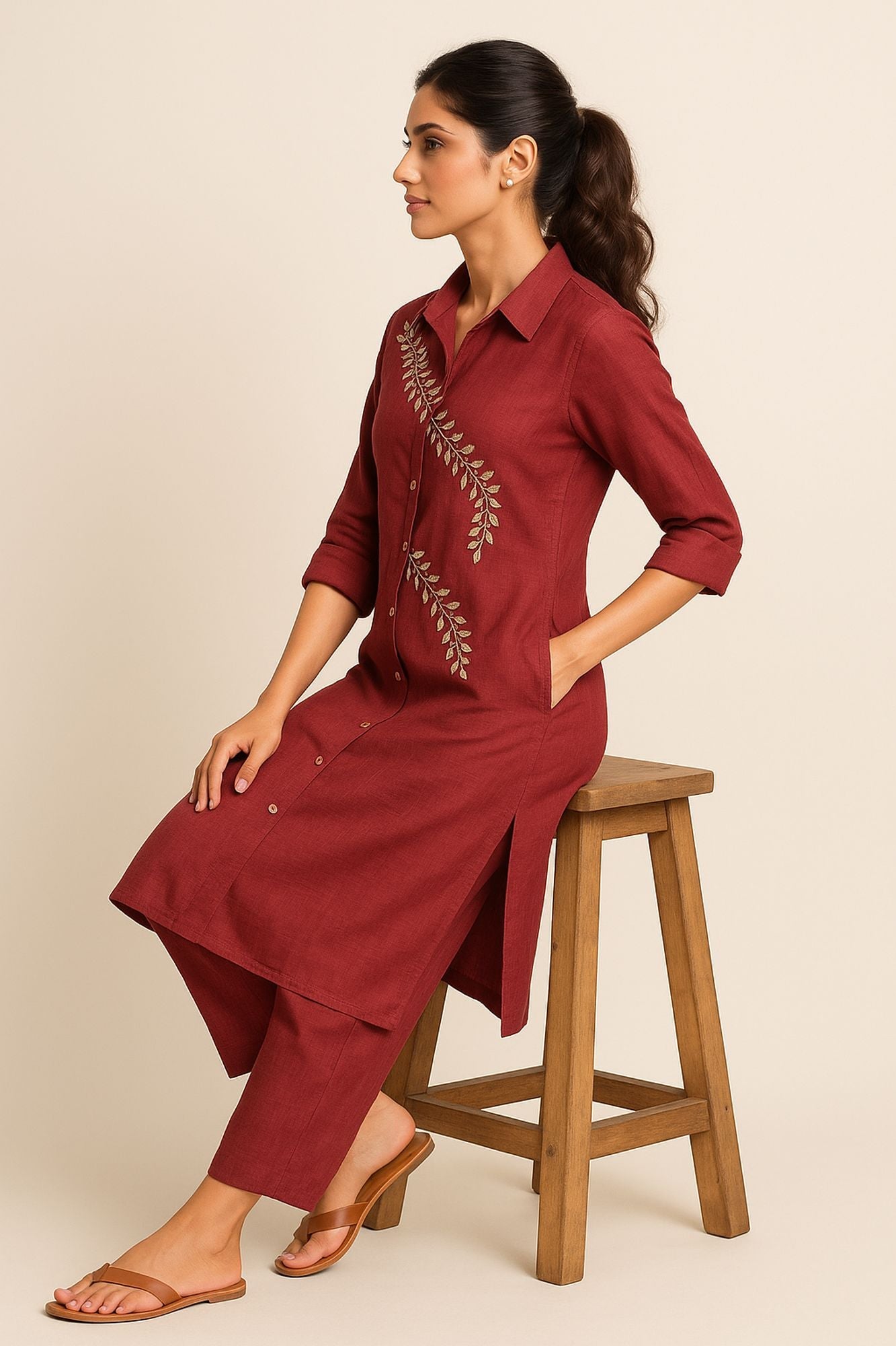 Mirror With Thread Embroidery & Zari Work Maroon Color Kurta Set