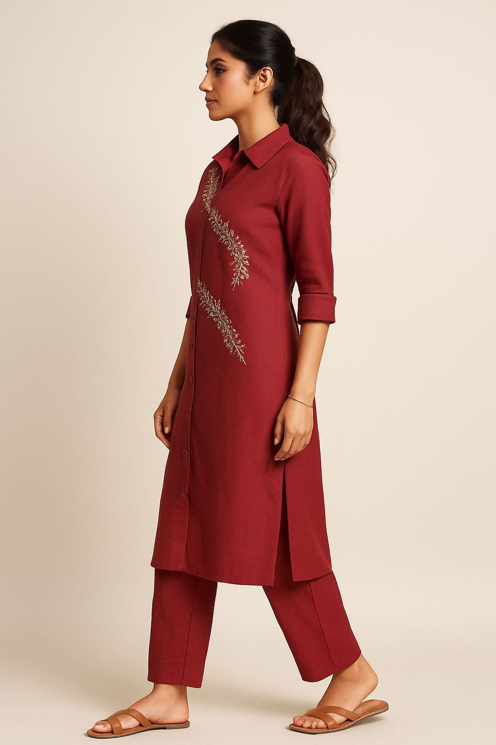 Mirror With Thread Embroidery & Zari Work Maroon Color Kurta Set