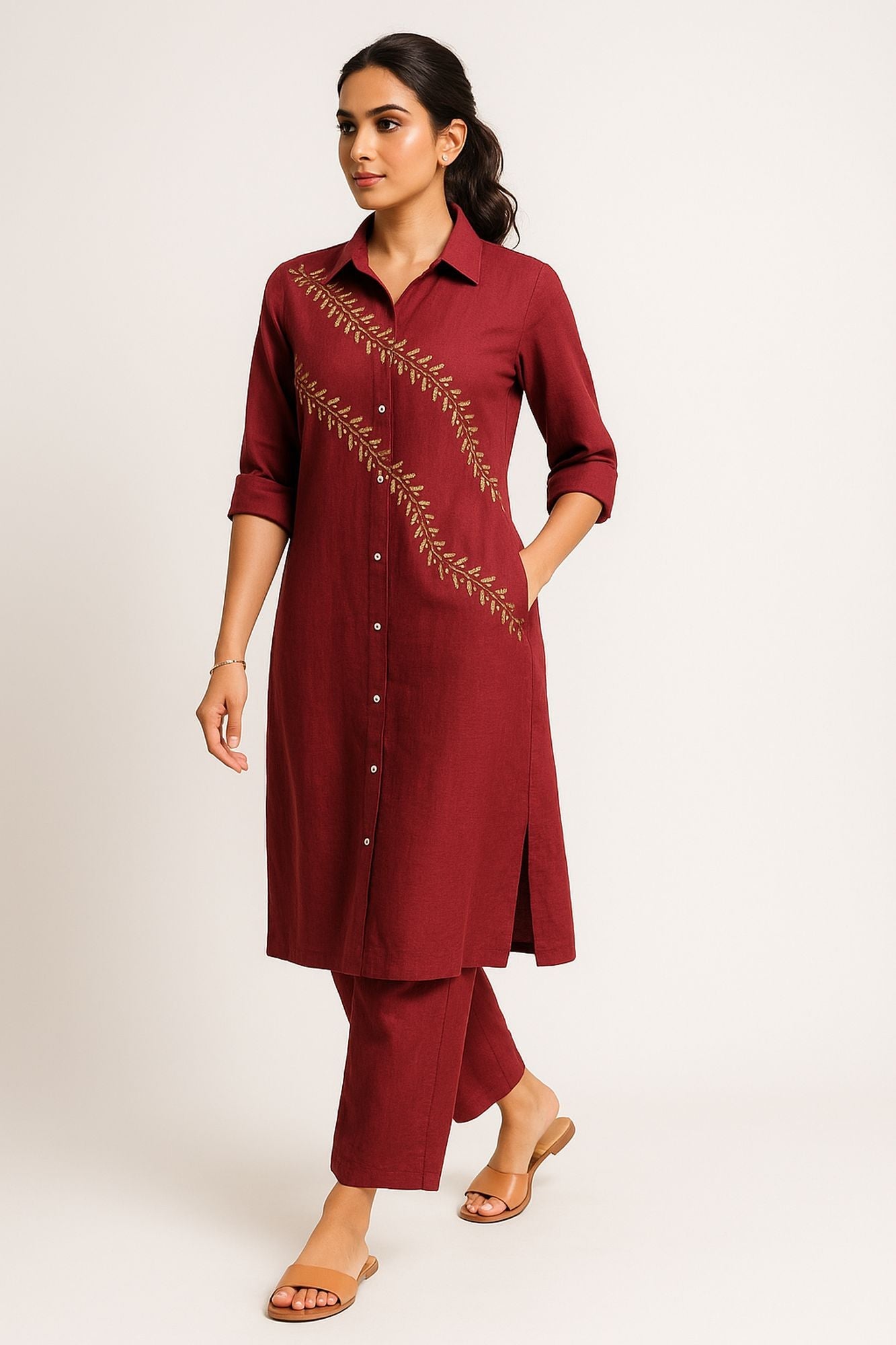 Mirror With Thread Embroidery & Zari Work Maroon Color Kurta Set