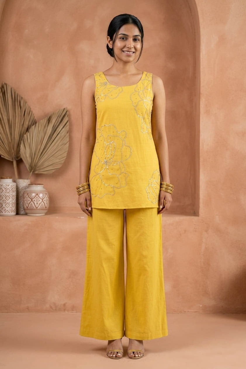 Sequin & Zari Work Yellow Color Co-Ord Set