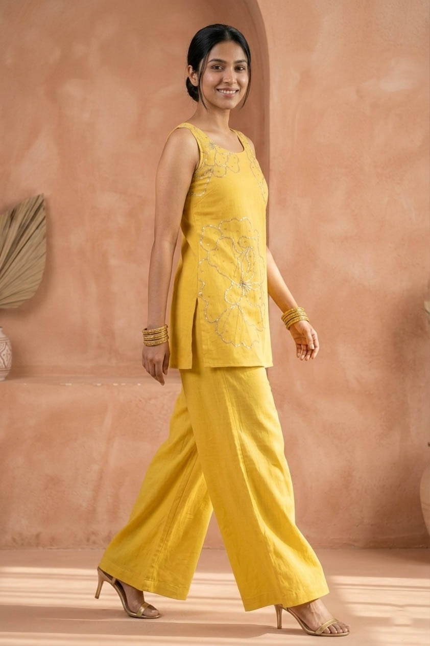 Sequin & Zari Work Yellow Color Co-Ord Set