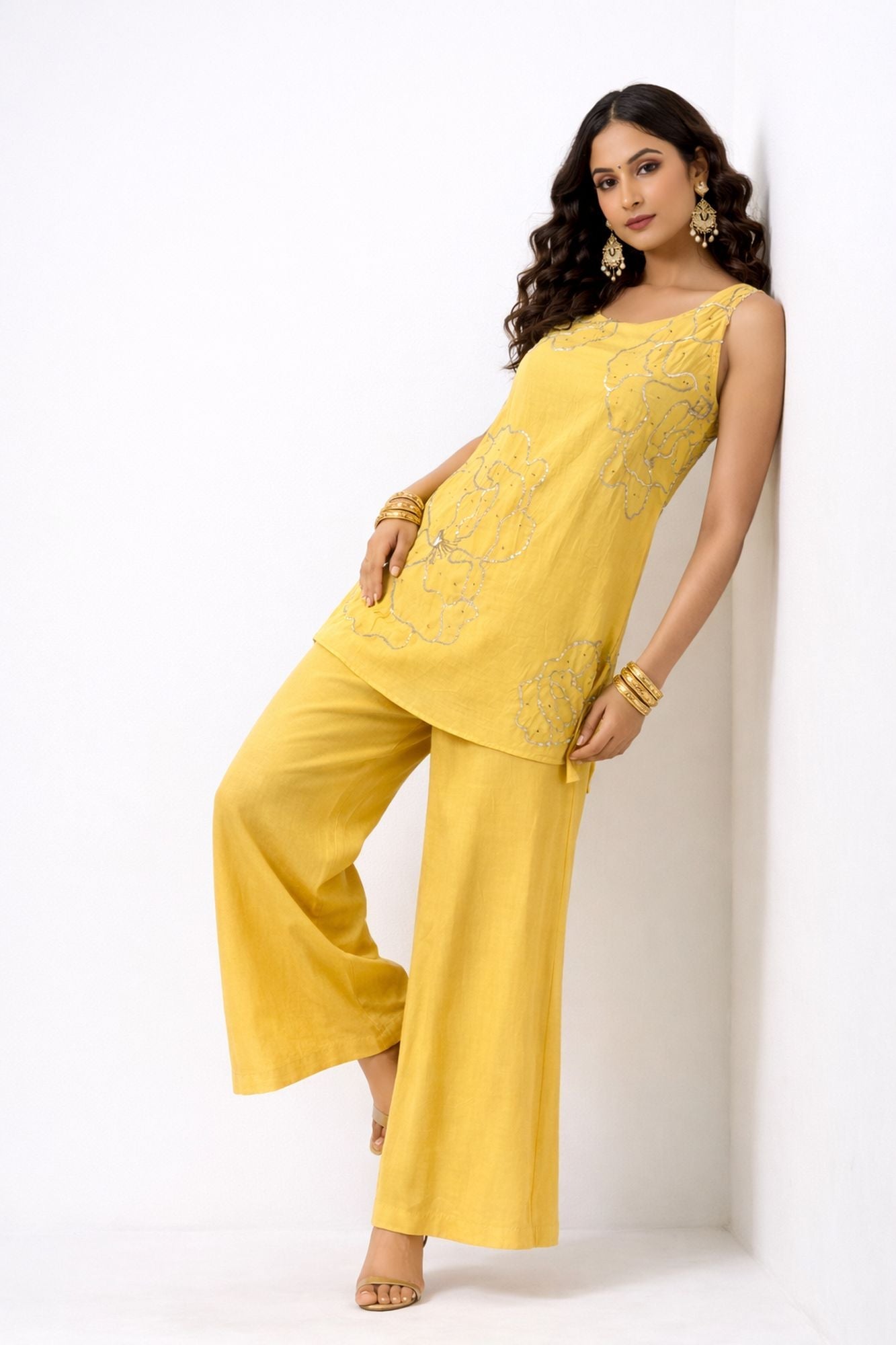 Sequin & Zari Work Yellow Color Co-Ord Set