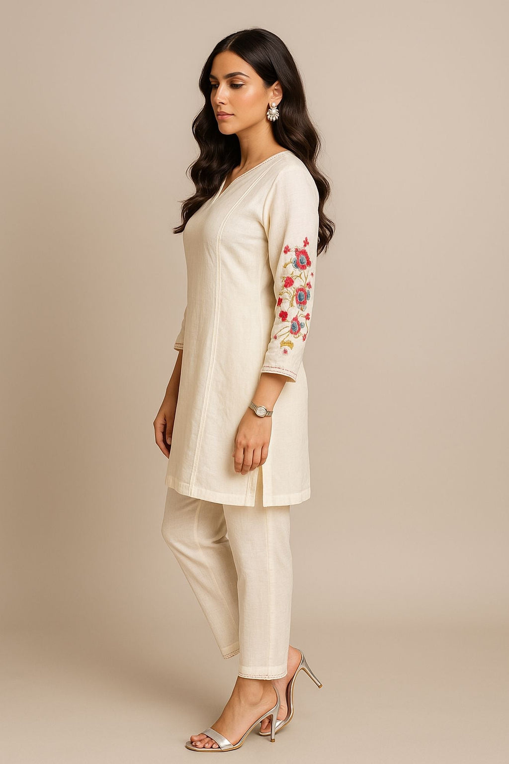 Thread Work With Cutdana & Kantha Stitch White Color Kurta Set