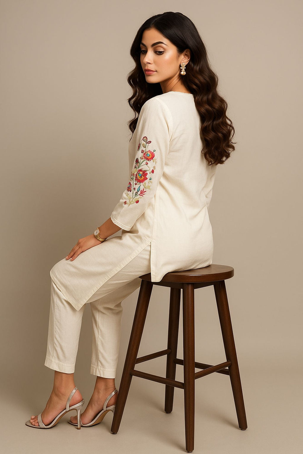 Thread Work With Cutdana & Kantha Stitch White Color Kurta Set