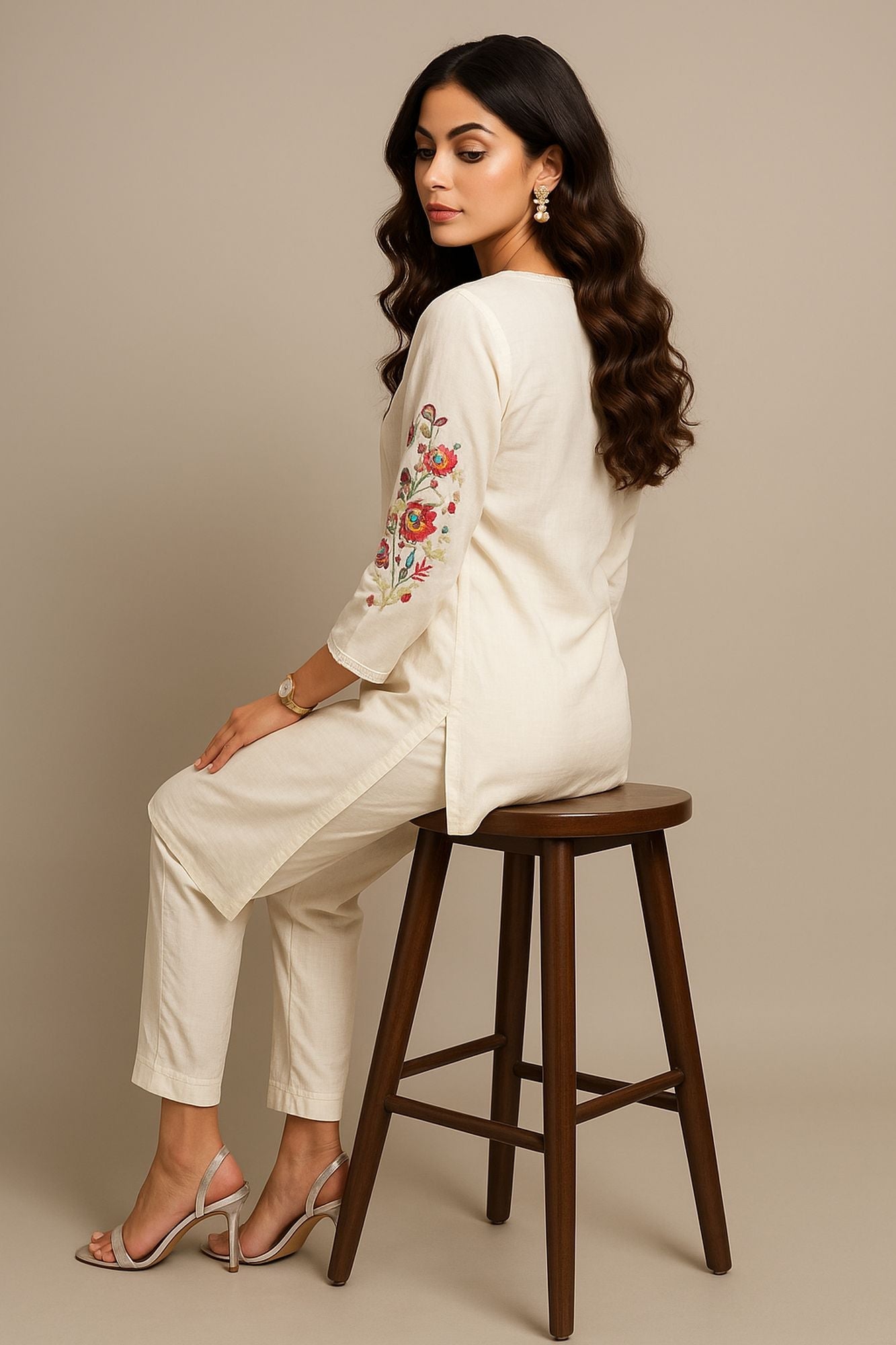 Thread Work With Cutdana & Kantha Stitch White Color Kurta Set