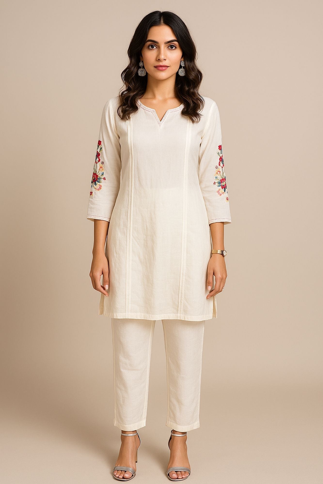 Thread Work With Cutdana & Kantha Stitch White Color Kurta Set