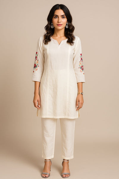 Thread Work With Cutdana & Kantha Stitch White Color Kurta Set