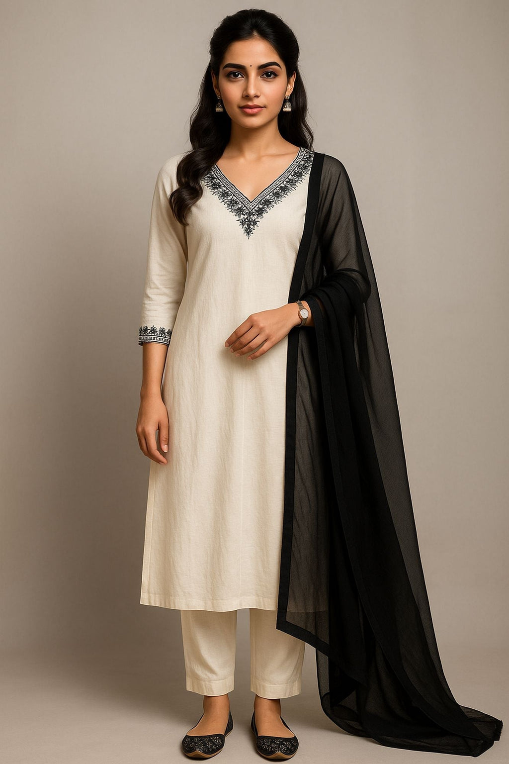 Mirror With Thread Embroidery Off White Color Kurta Set