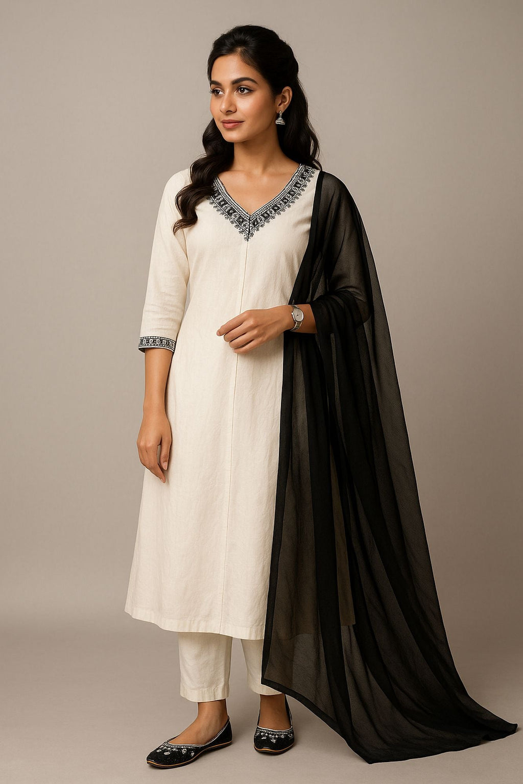 Mirror With Thread Embroidery Off White Color Kurta Set