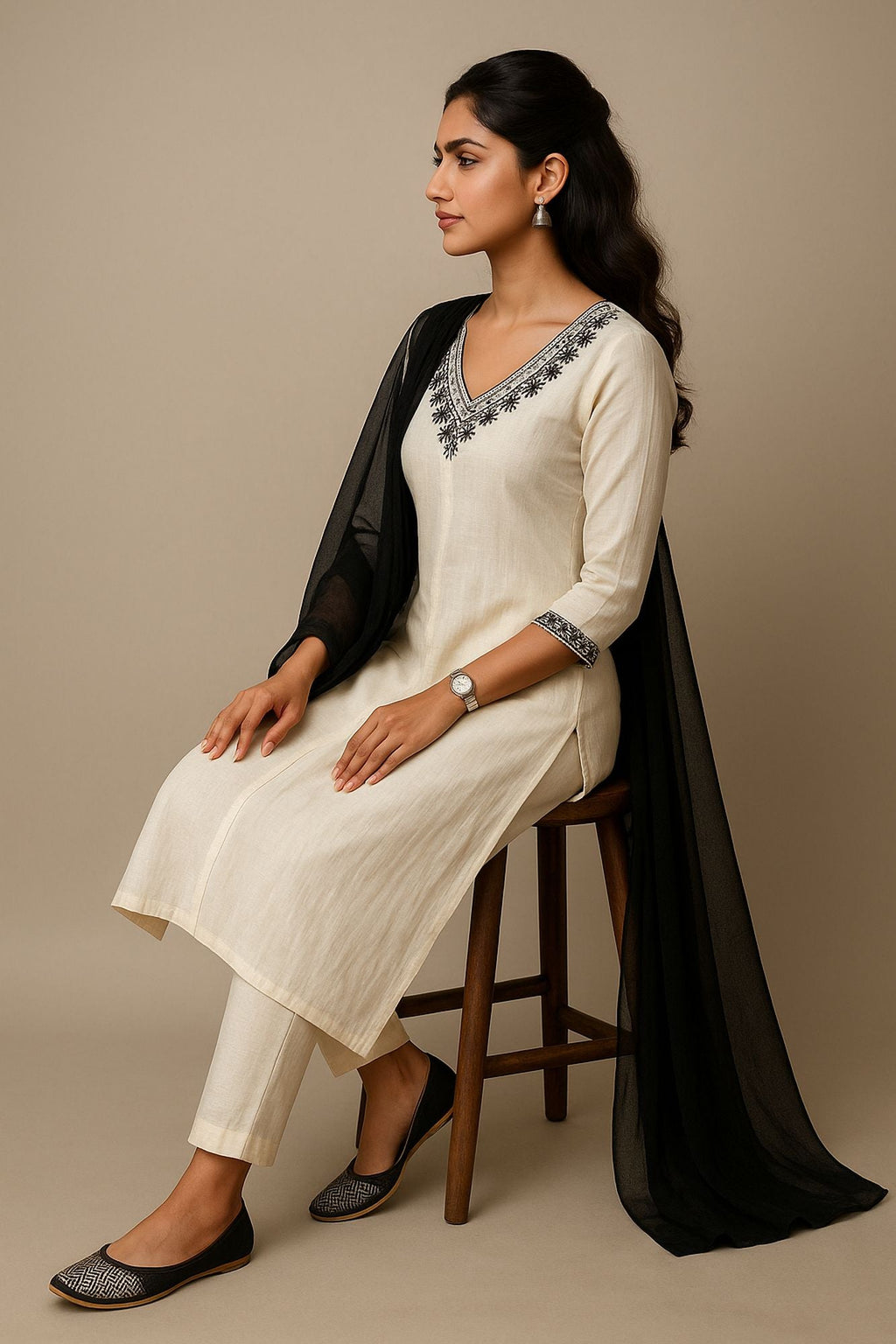 Mirror With Thread Embroidery Off White Color Kurta Set