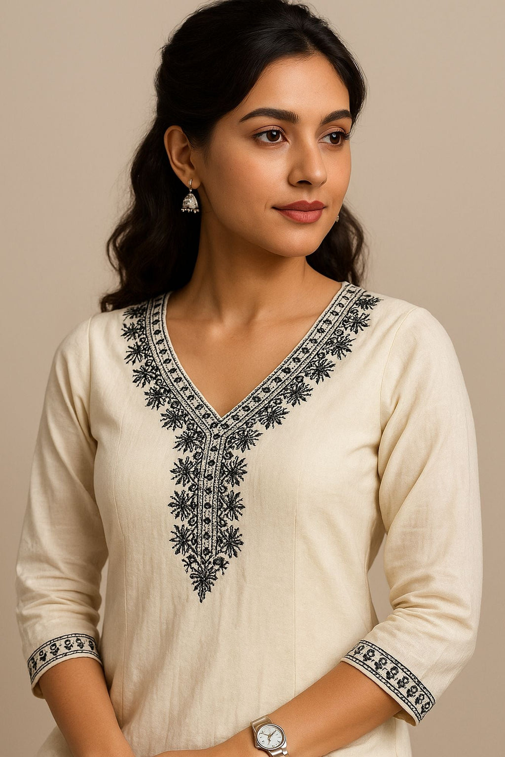 Mirror With Thread Embroidery Off White Color Kurta Set