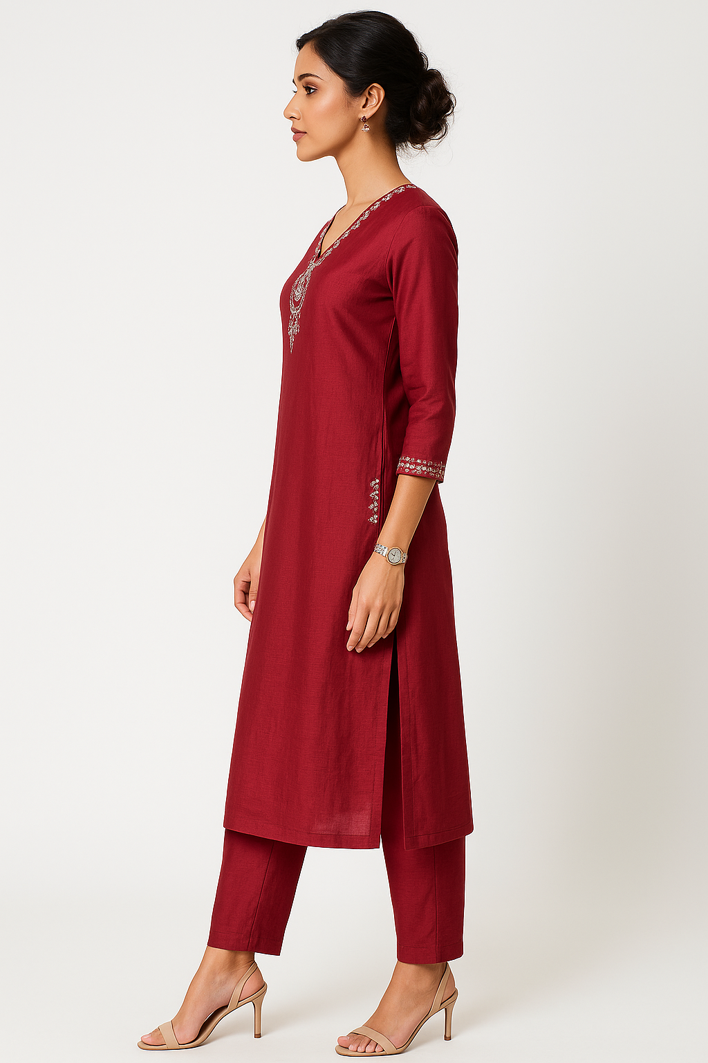 Zari Thread Work With Mirror-Sequin Detailing Wine Color Kurta Set