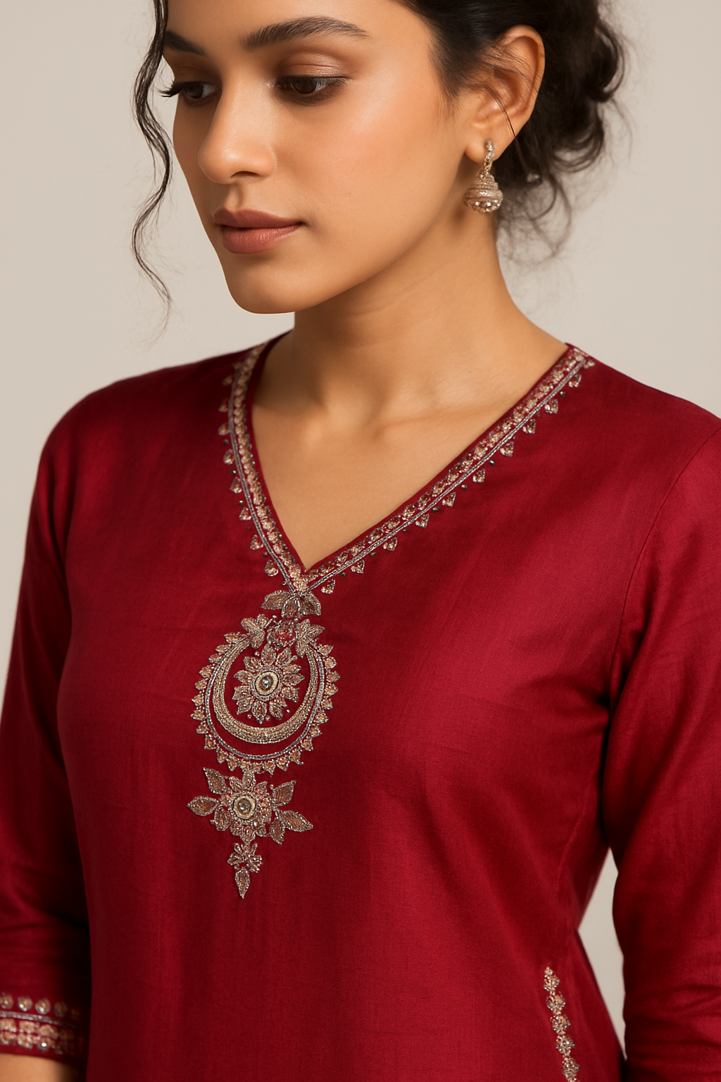 Zari Thread Work With Mirror-Sequin Detailing Maroon Color Kurta Set