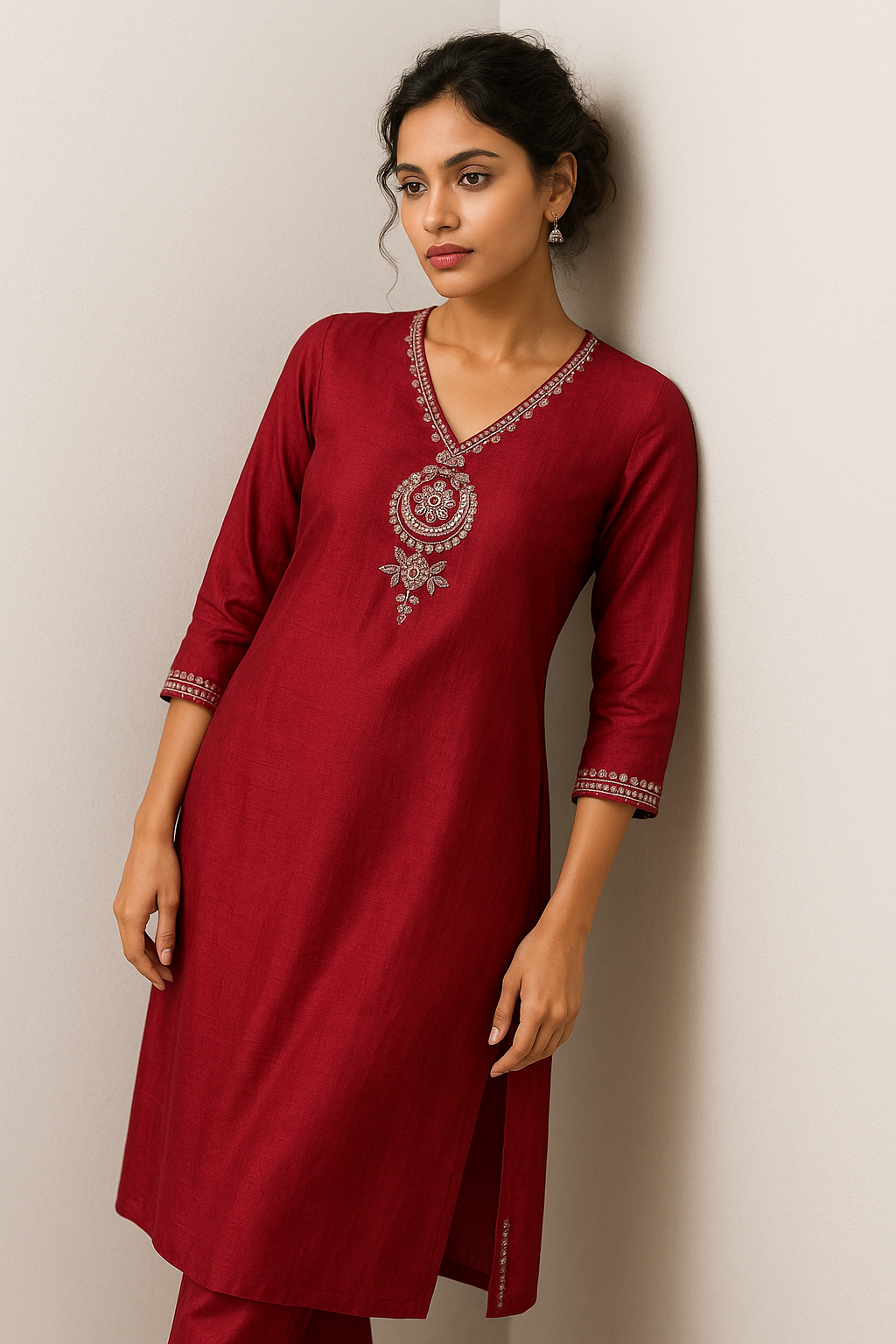 Zari Thread Work With Mirror-Sequin Detailing Maroon Color Kurta Set