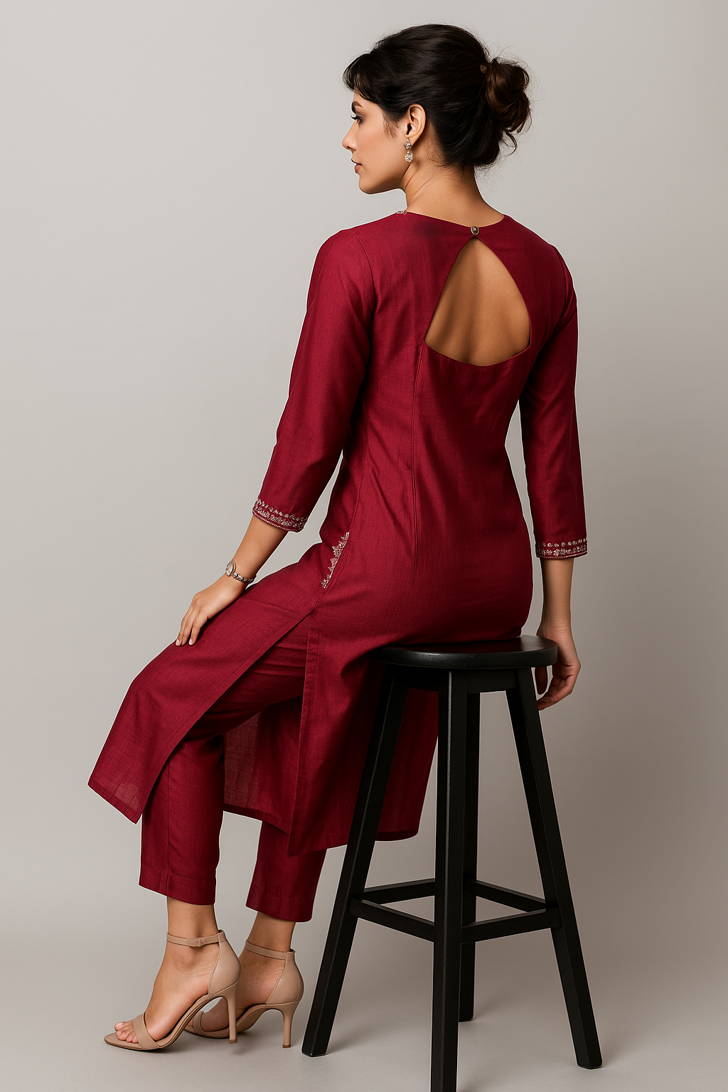 Zari Thread Work With Mirror-Sequin Detailing Maroon Color Kurta Set