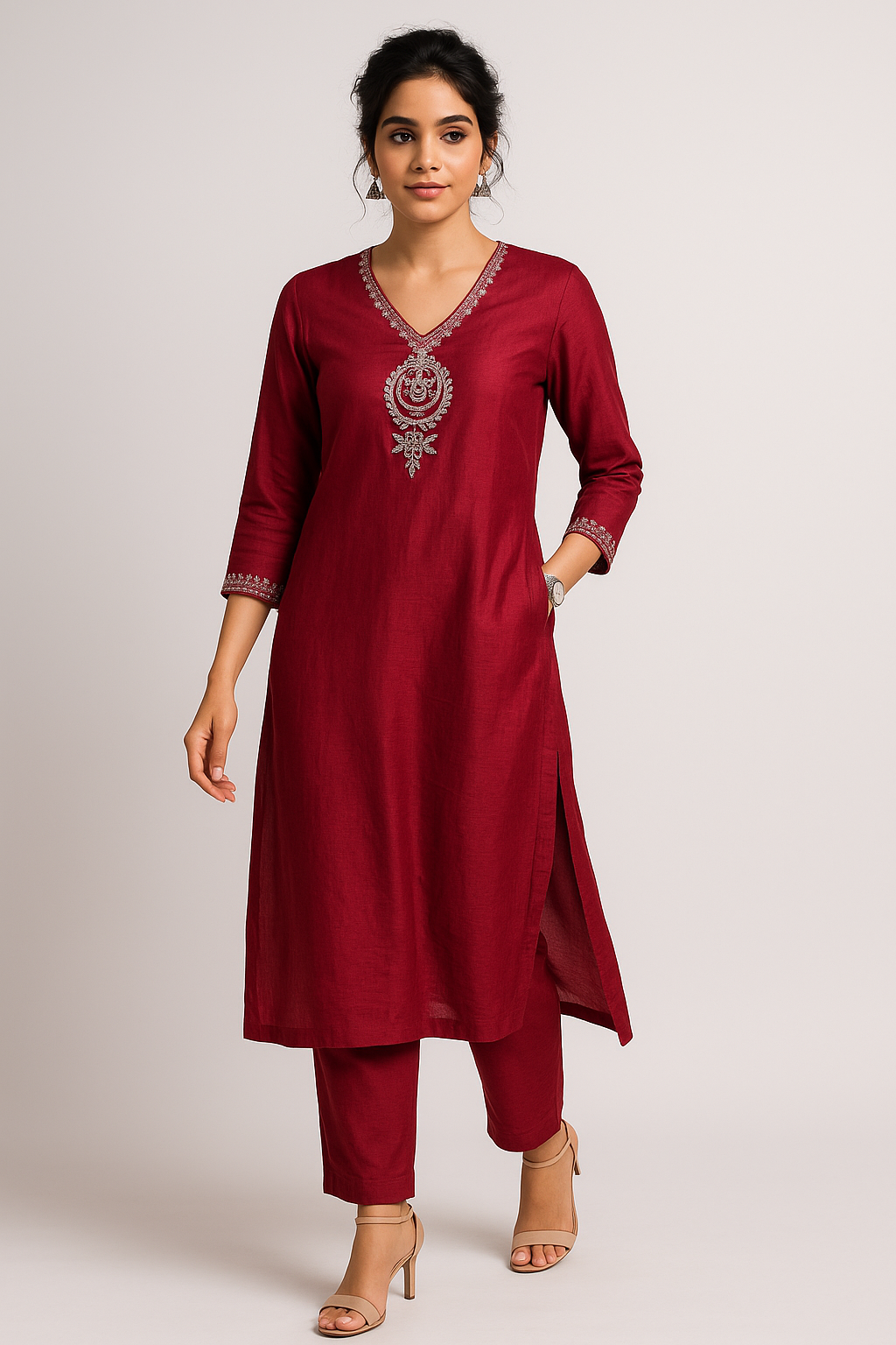 Zari Thread Work With Mirror-Sequin Detailing Maroon Color Kurta Set