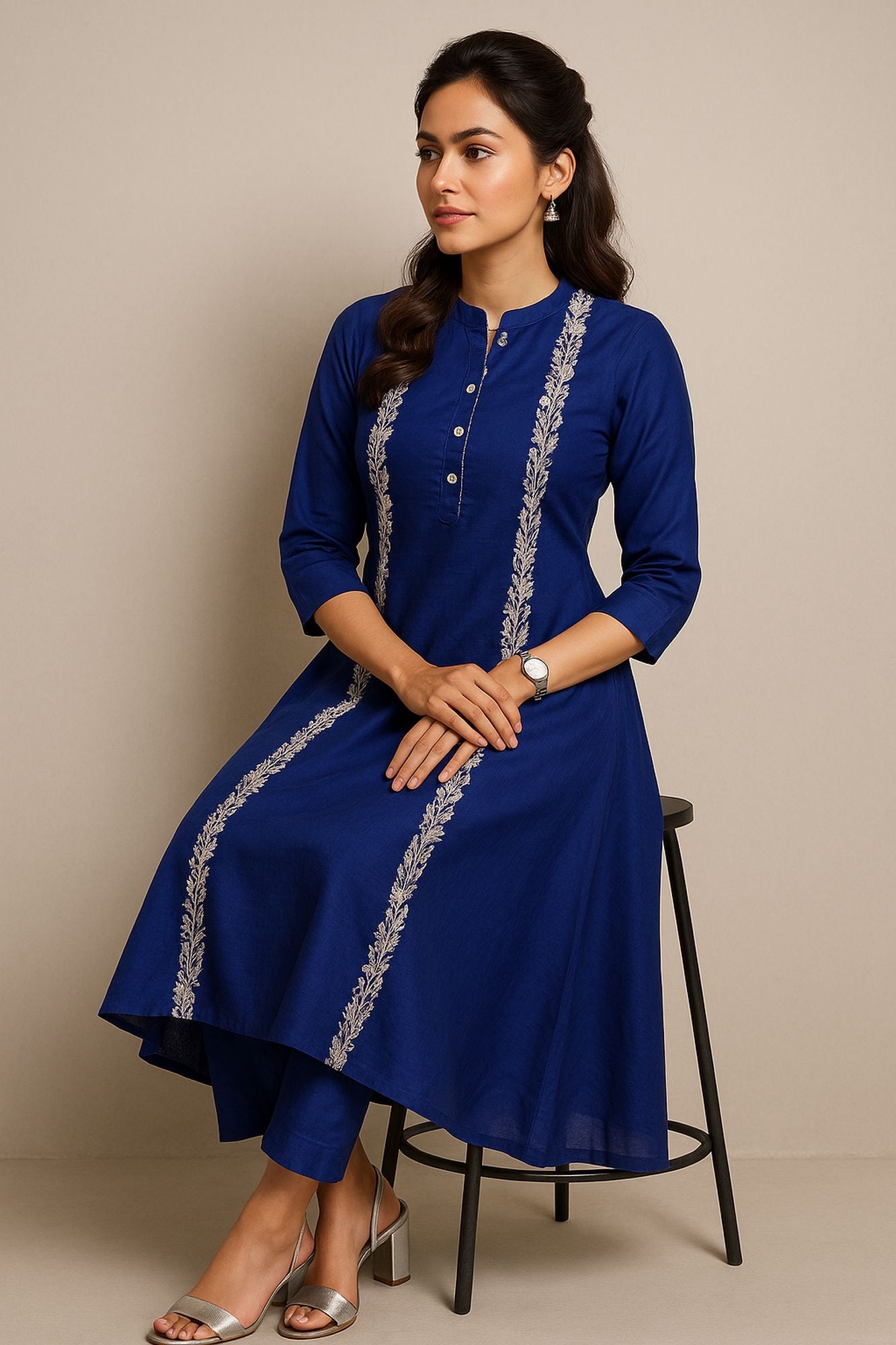 Intricate Thread And Mirror & Sequin & Zari Work Royal Blue Color Kurta Set