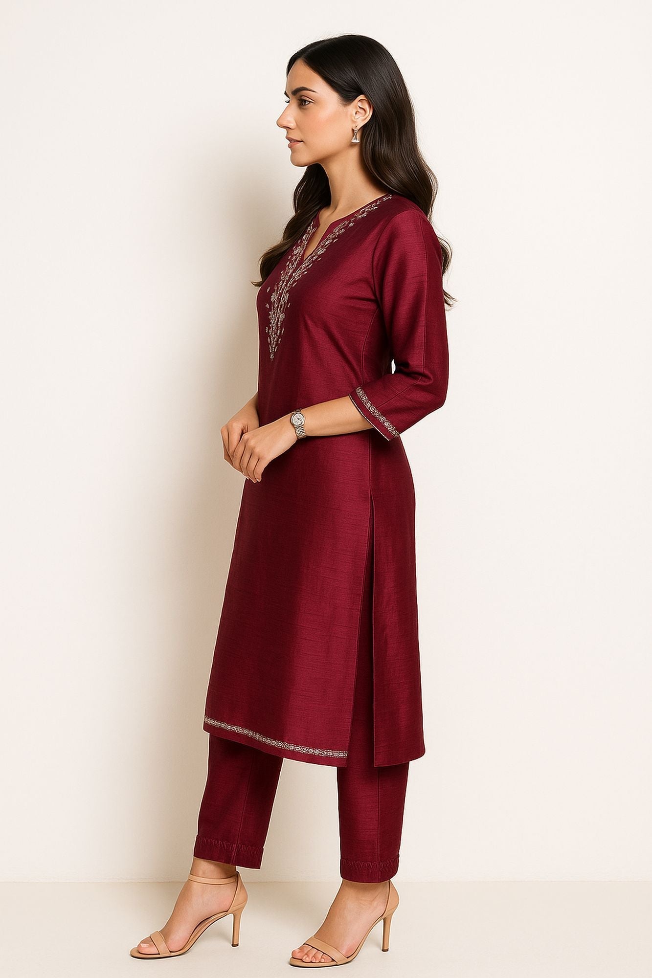 Zari Thread Work With Mirror-Sequin Detailing Wine Color Kurta Set
