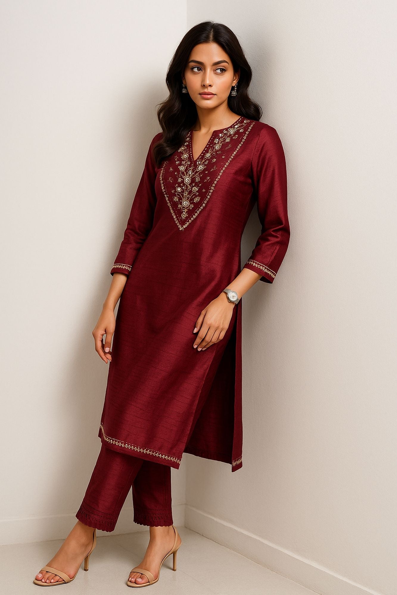 Zari Thread Work With Mirror-Sequin Detailing Wine Color Kurta Set