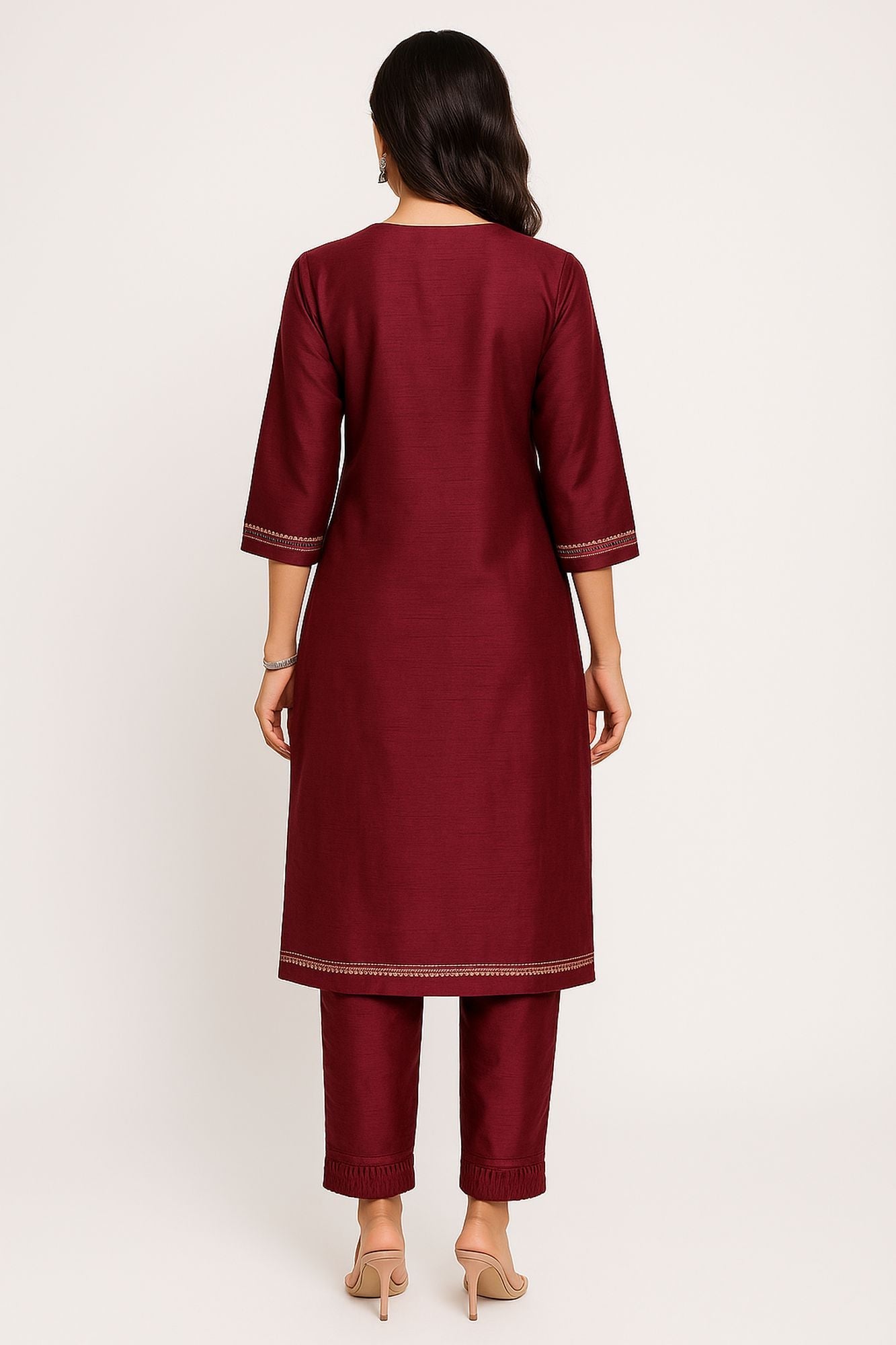 Zari Thread Work With Mirror-Sequin Detailing Wine Color Kurta Set