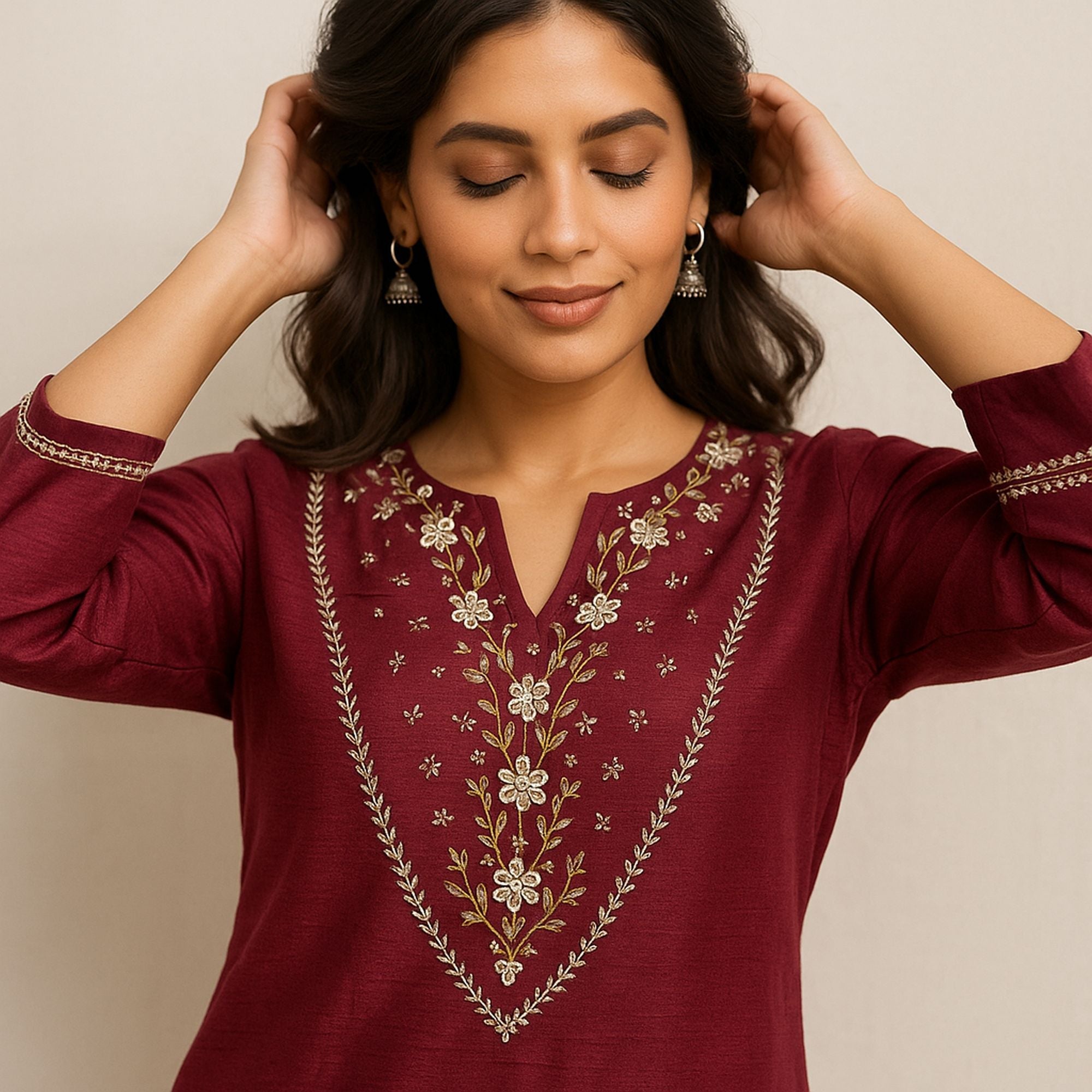 Zari Thread Work With Mirror-Sequin Detailing Wine Color Kurta Set