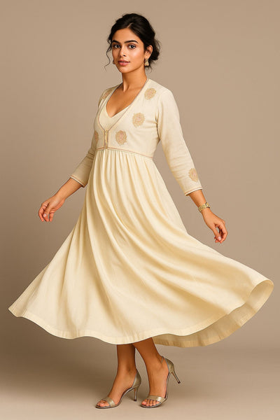 Thread Work With Zari & Cutdana Off White Anarkali Dress With Jacket