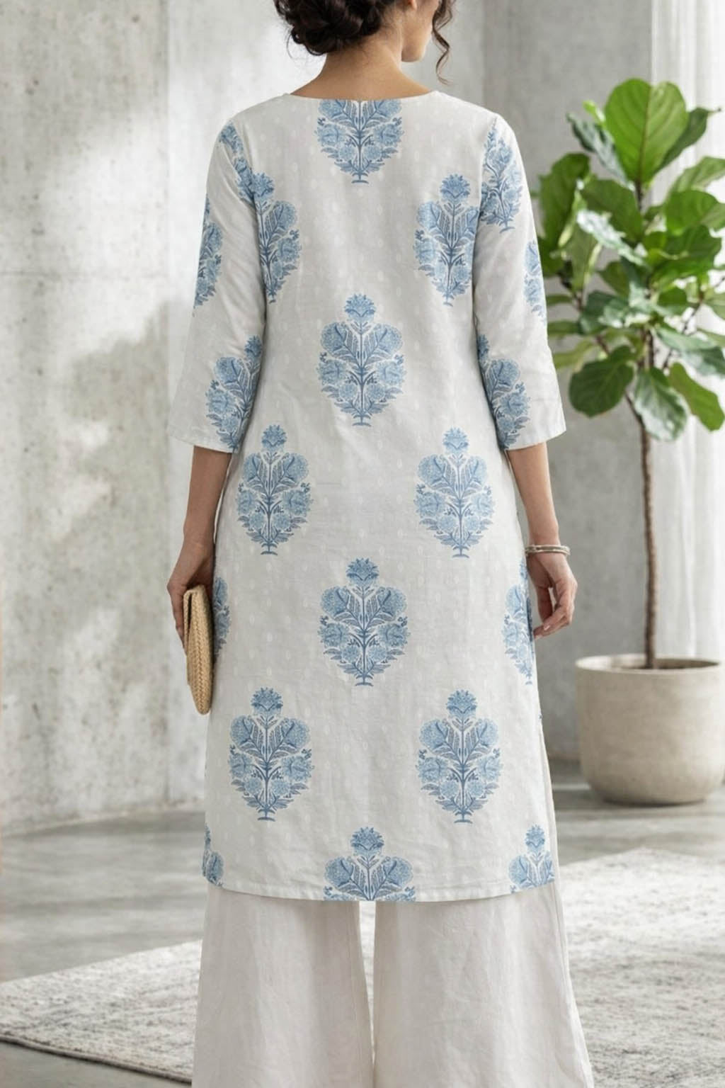 White Color Printed Kurta Set With Palazzo