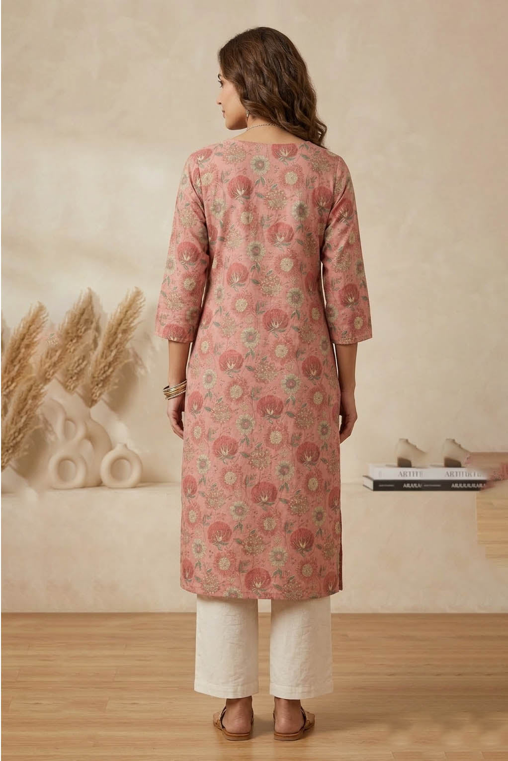 Peach Color Floral Print Traditional Straight Kurta