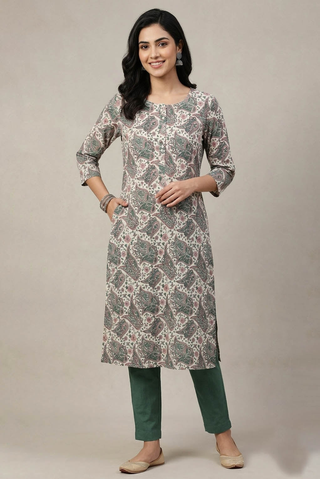 White Color Elegant Paisley Printed Straight Kurta