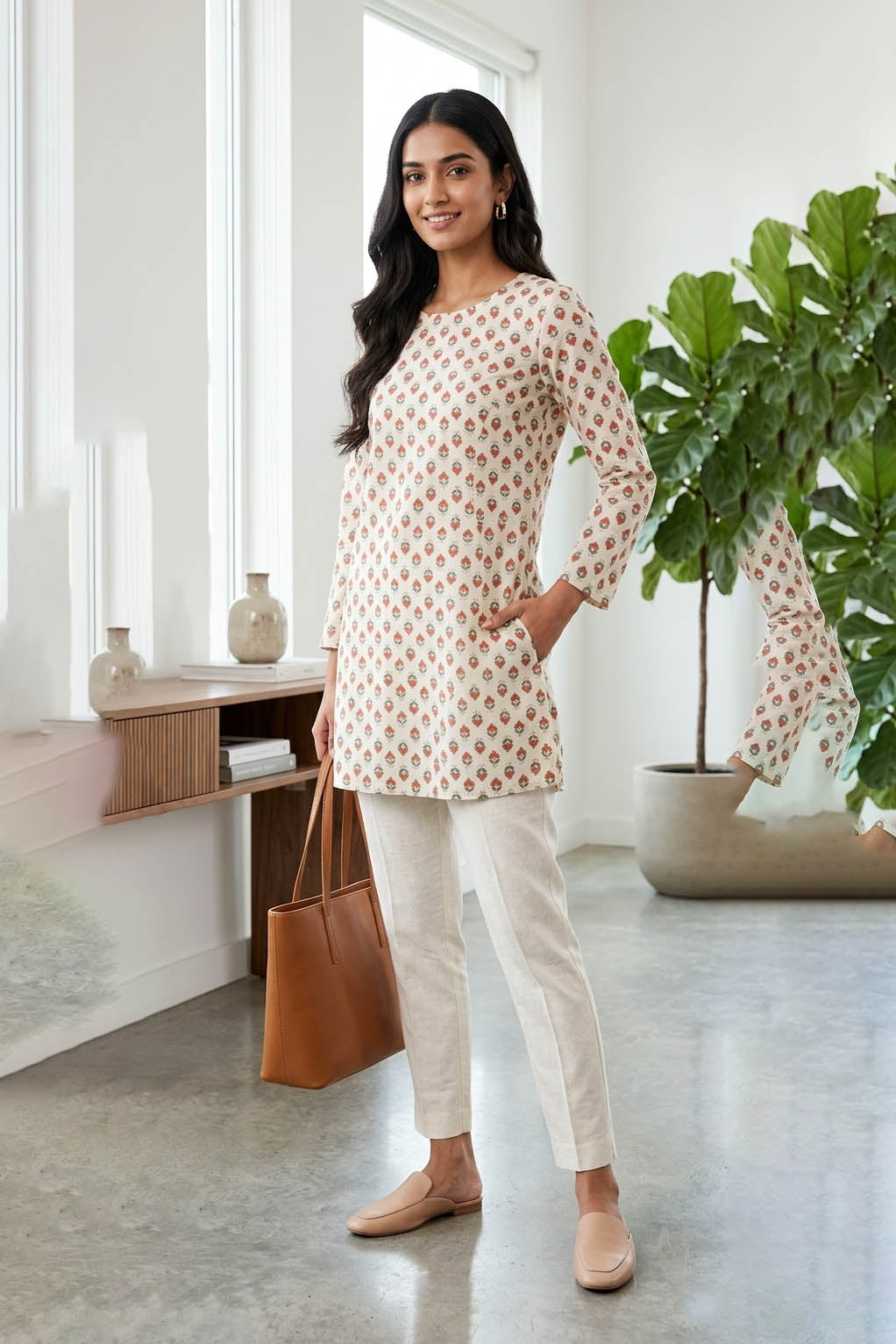 Off White Color Graceful Straight-Fit Printed Kurti