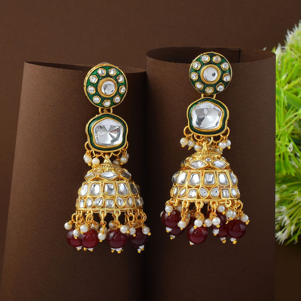 Royal Maroon Color Meena Work Kundan Earrings Designed for Bridal and Cultural Occasions