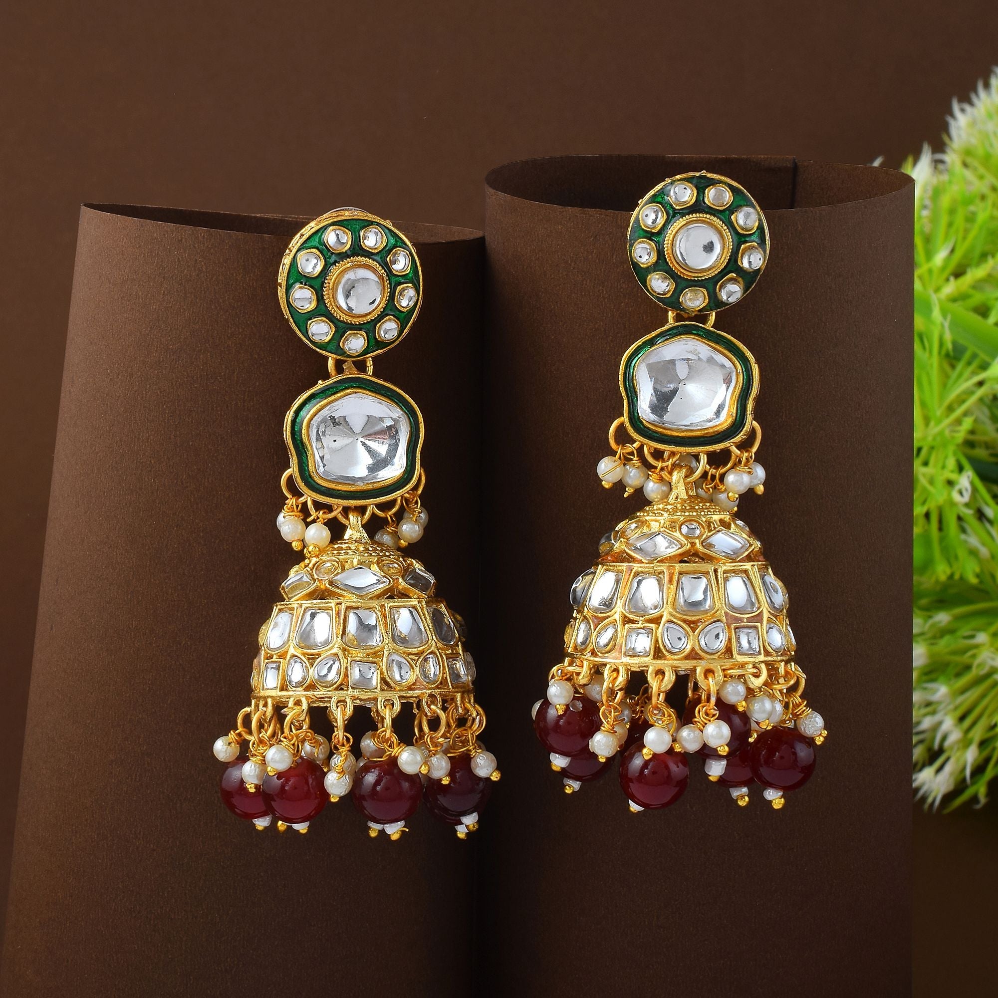 Royal Maroon Color Meena Work Kundan Earrings Designed for Bridal and Cultural Occasions