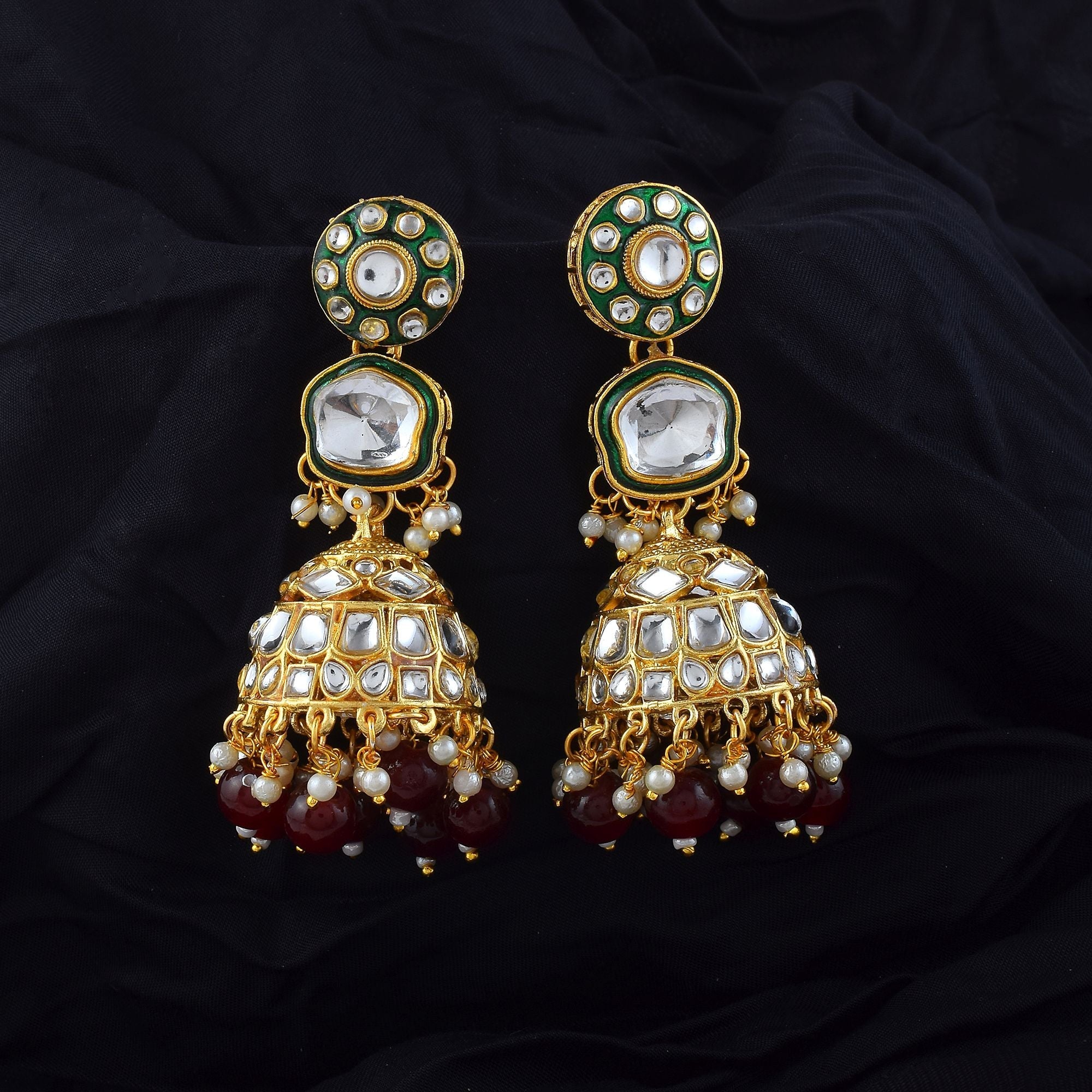 Royal Maroon Color Meena Work Kundan Earrings Designed for Bridal and Cultural Occasions