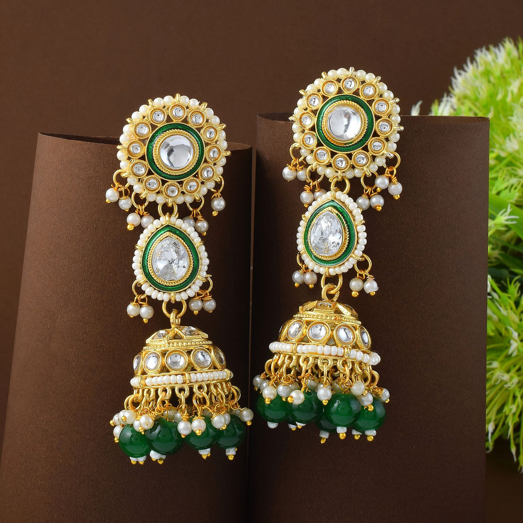 Stunning Green Color Meena Work Kundan Earrings Perfect for Weddings, Parties, and Festivals