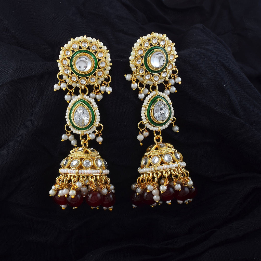 Gorgeous Maroon Color Meena Work Kundan Earrings Designed with Intricate Traditional Enamel Work