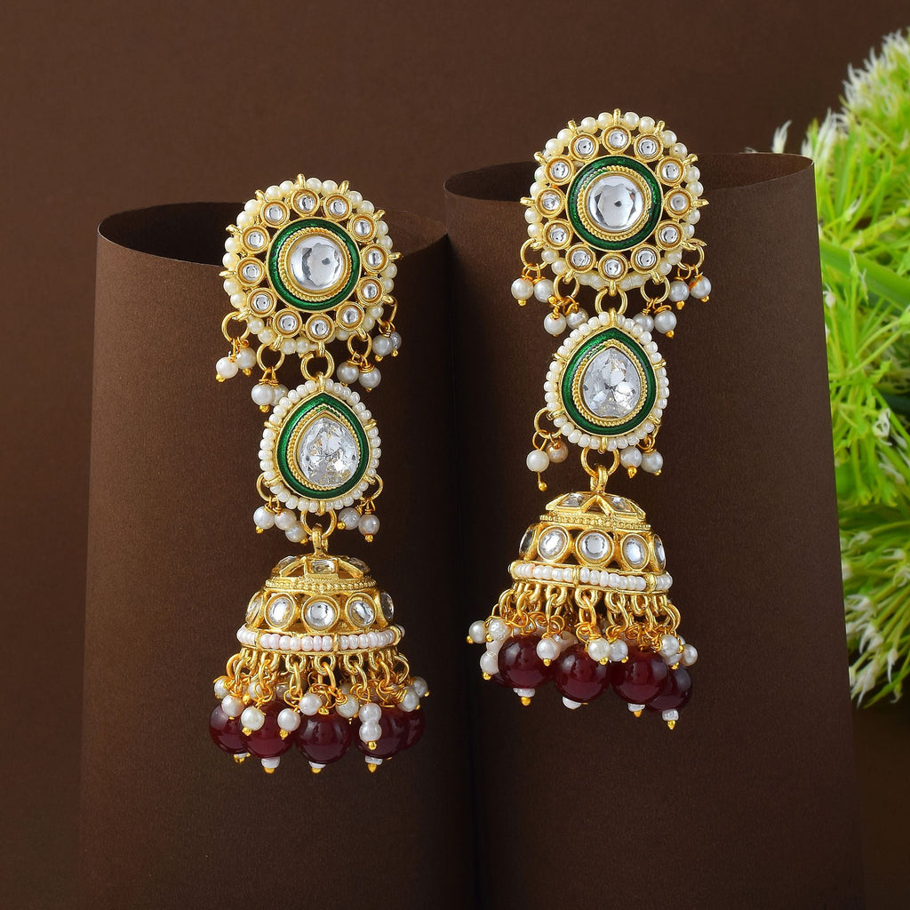 Gorgeous Maroon Color Meena Work Kundan Earrings Designed with Intricate Traditional Enamel Work