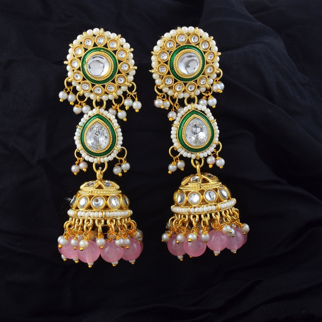 Elegant Pink Color Meena Work Kundan Earrings Crafted for Women’s Ethnic and Party Styling