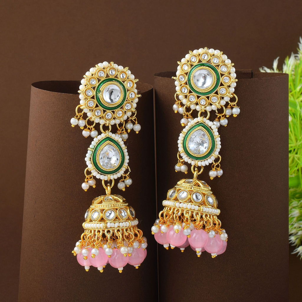 Elegant Pink Color Meena Work Kundan Earrings Crafted for Women’s Ethnic and Party Styling