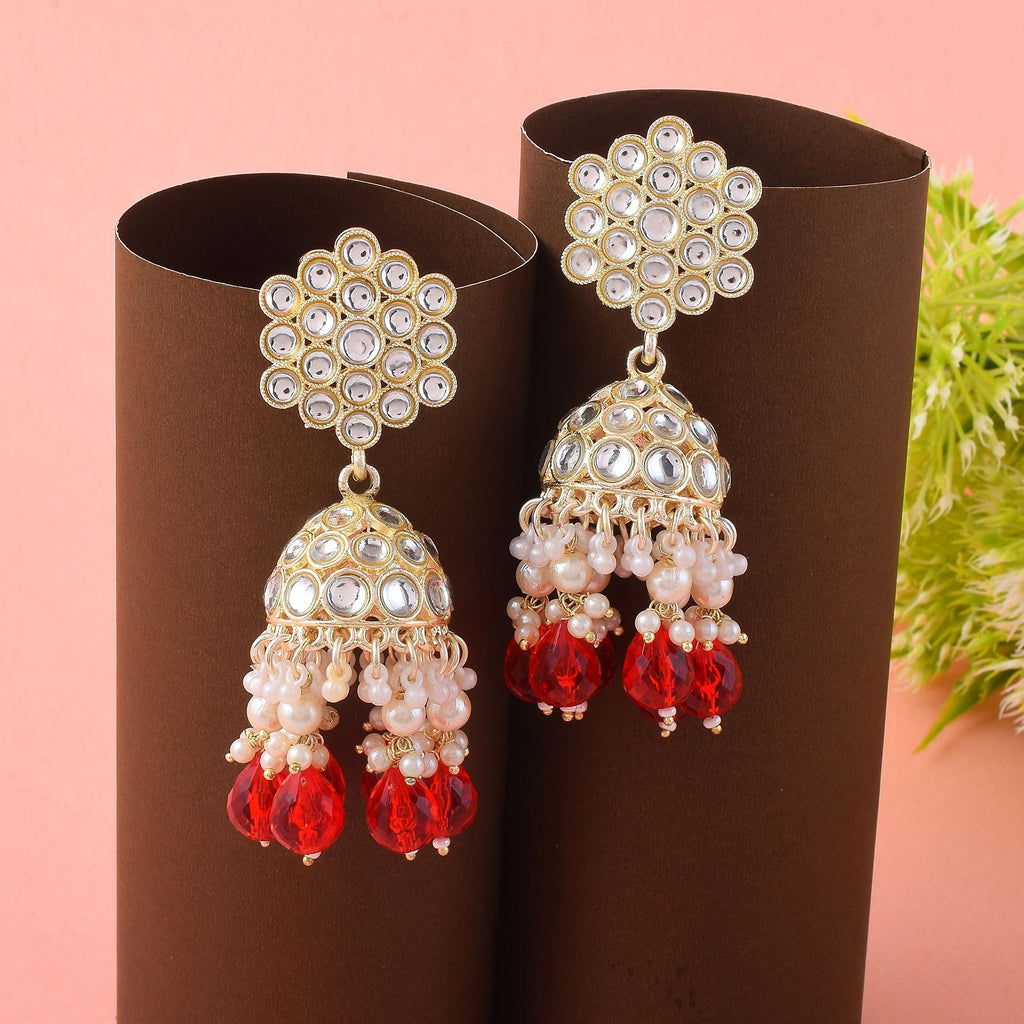 Elegant Red Color Kundan Earrings Crafted for Traditional Indian Festive and Party Dressing