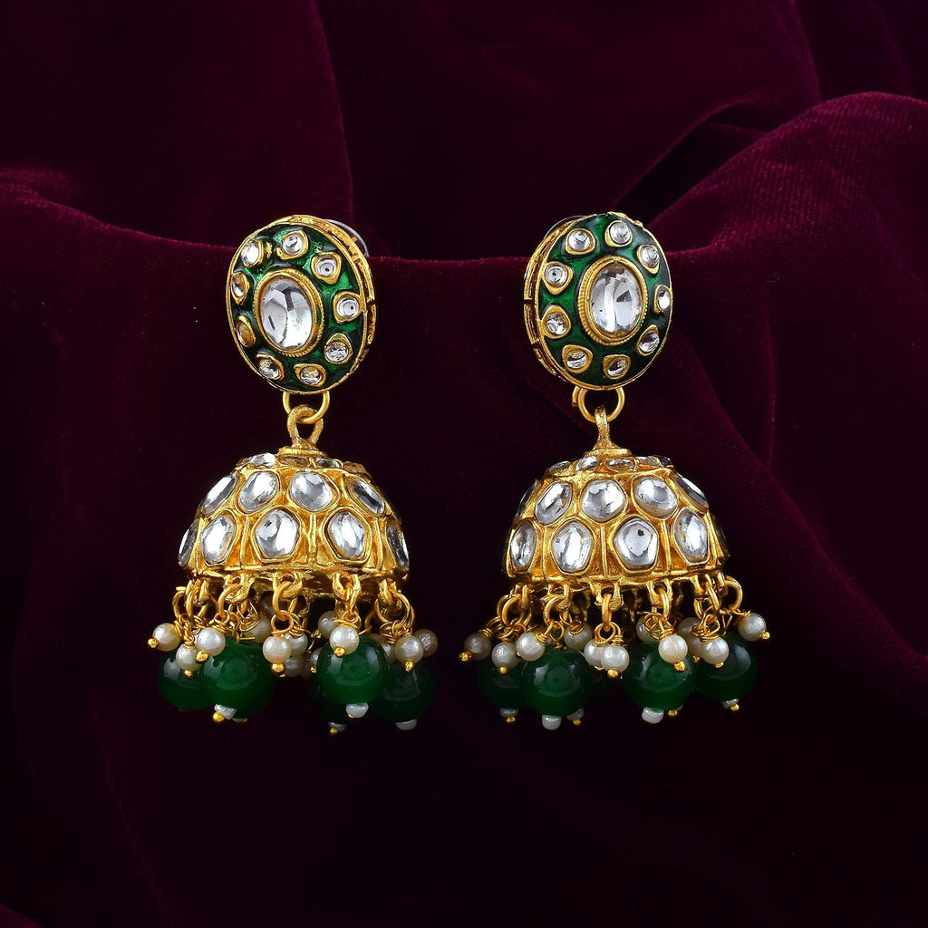 Stylish Green Color Meena Work Kundan Earrings Crafted for Bridal and Cultural Jewelry Wear