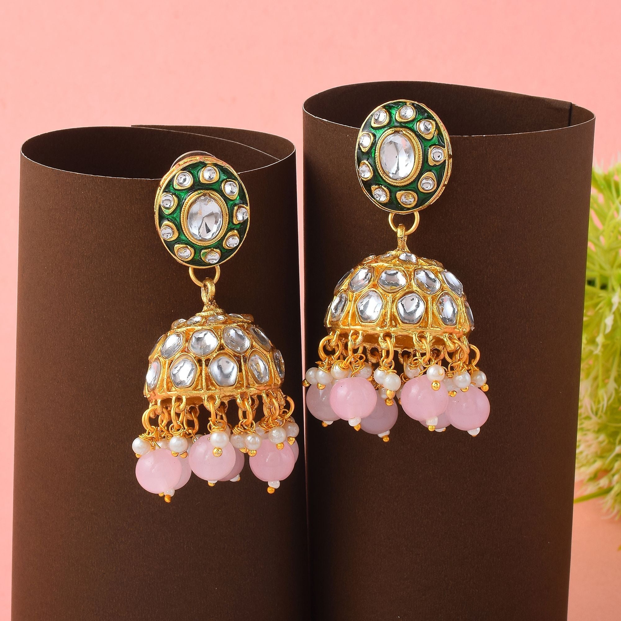 Gorgeous Pink Color Meena Work Kundan Earrings Crafted with Exquisite Handmade Artistic Detailing