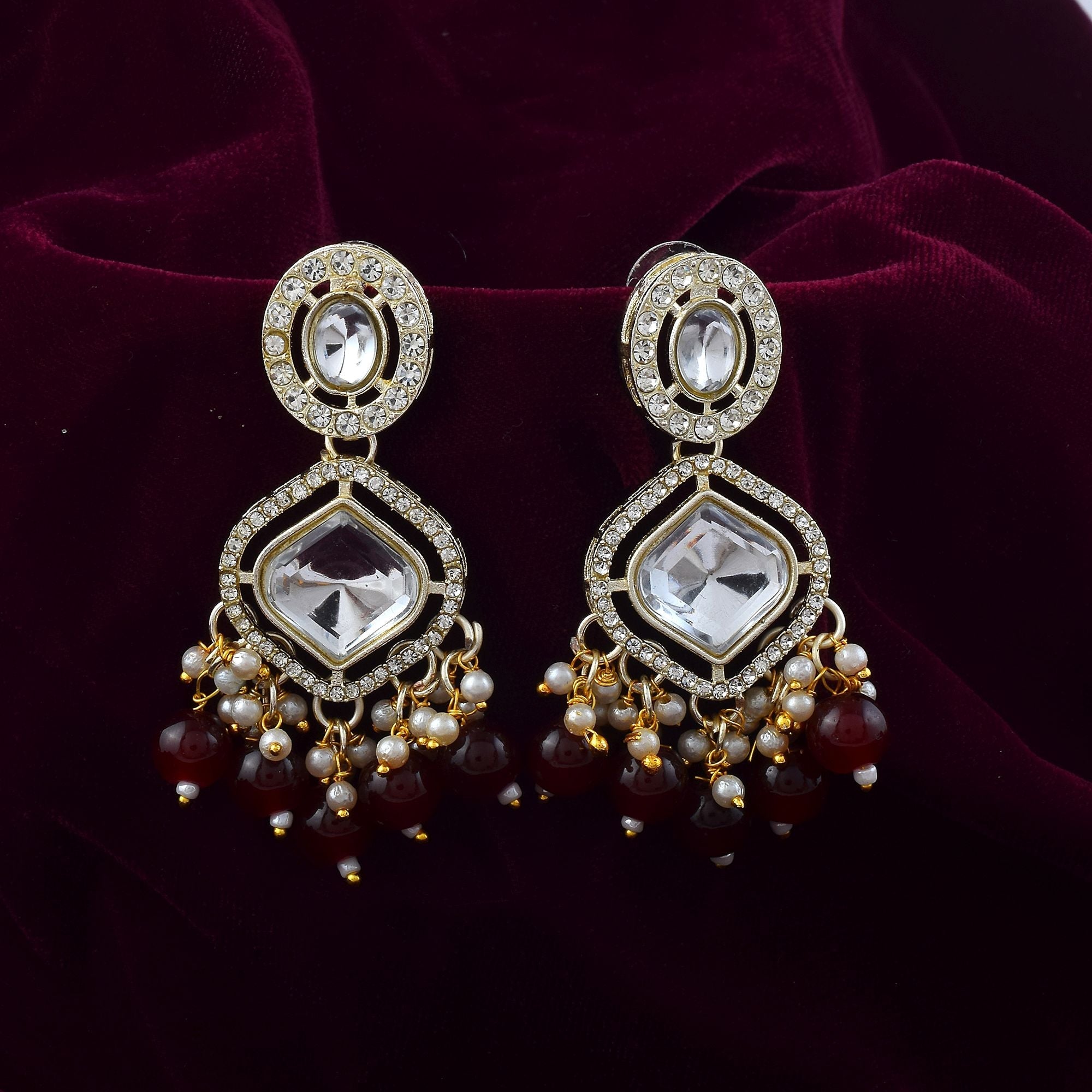 Elegant Maroon Color Kundan Earrings Designed for Weddings, Parties, and Traditional Jewelry Styling
