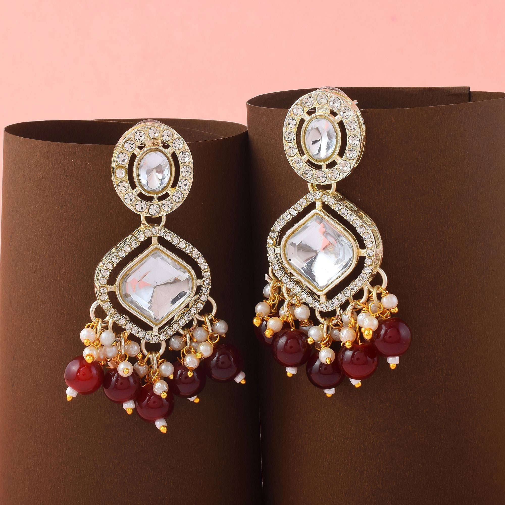 Elegant Maroon Color Kundan Earrings Designed for Weddings, Parties, and Traditional Jewelry Styling