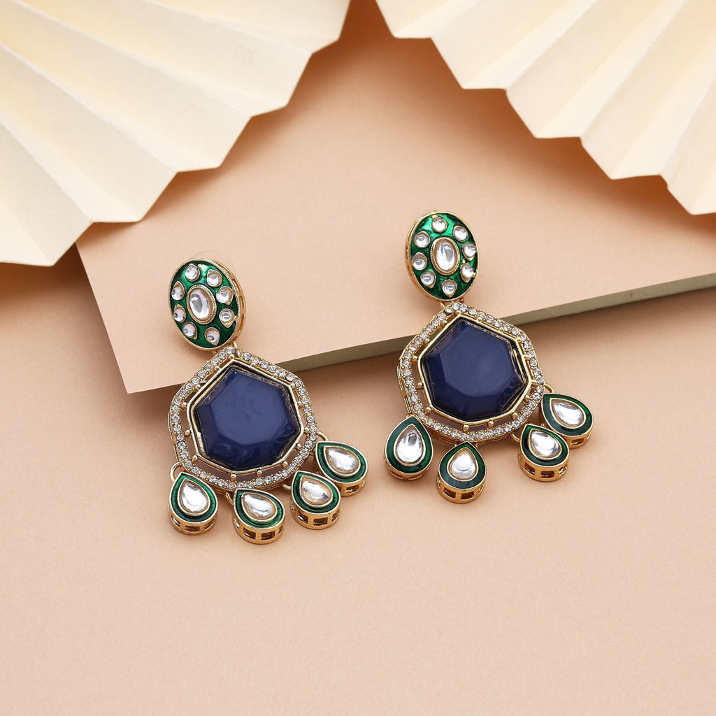Stunning Blue Color Kundan Earrings With Intricate Stones Perfect For Bridal Jewellery Wear