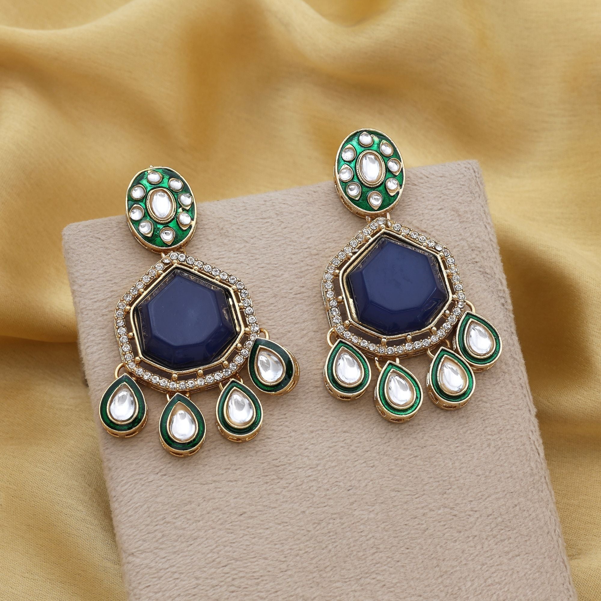 Stunning Blue Color Kundan Earrings With Intricate Stones Perfect For Bridal Jewellery Wear